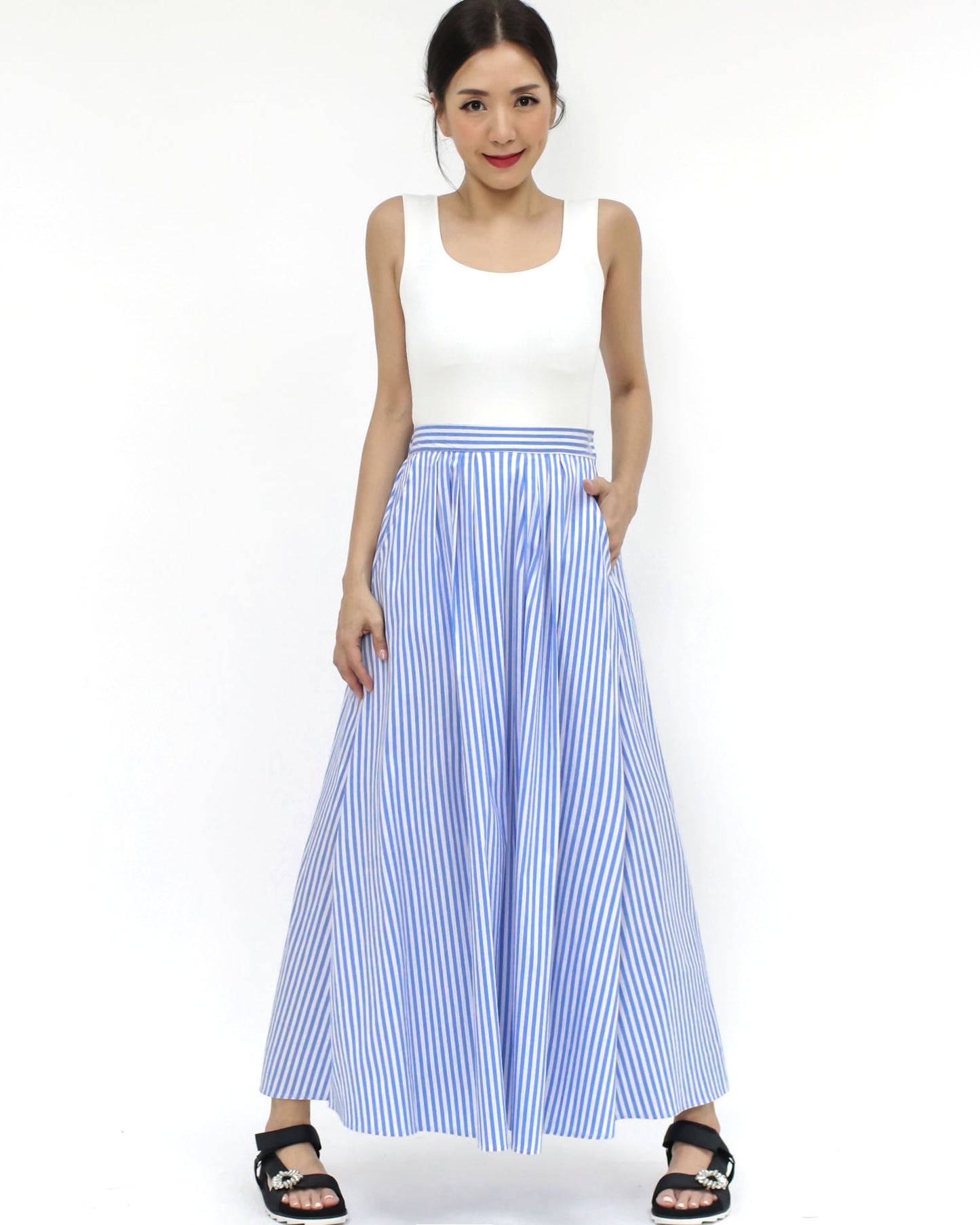 blue & ivory stripes longline skirt *pre-order*