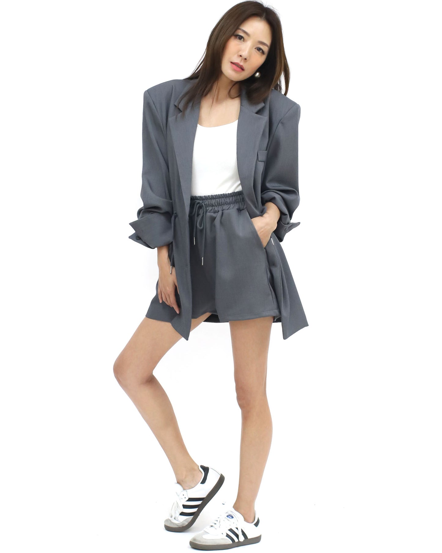 grey drop padded shoulders drawstring waist blazer *pre-order*