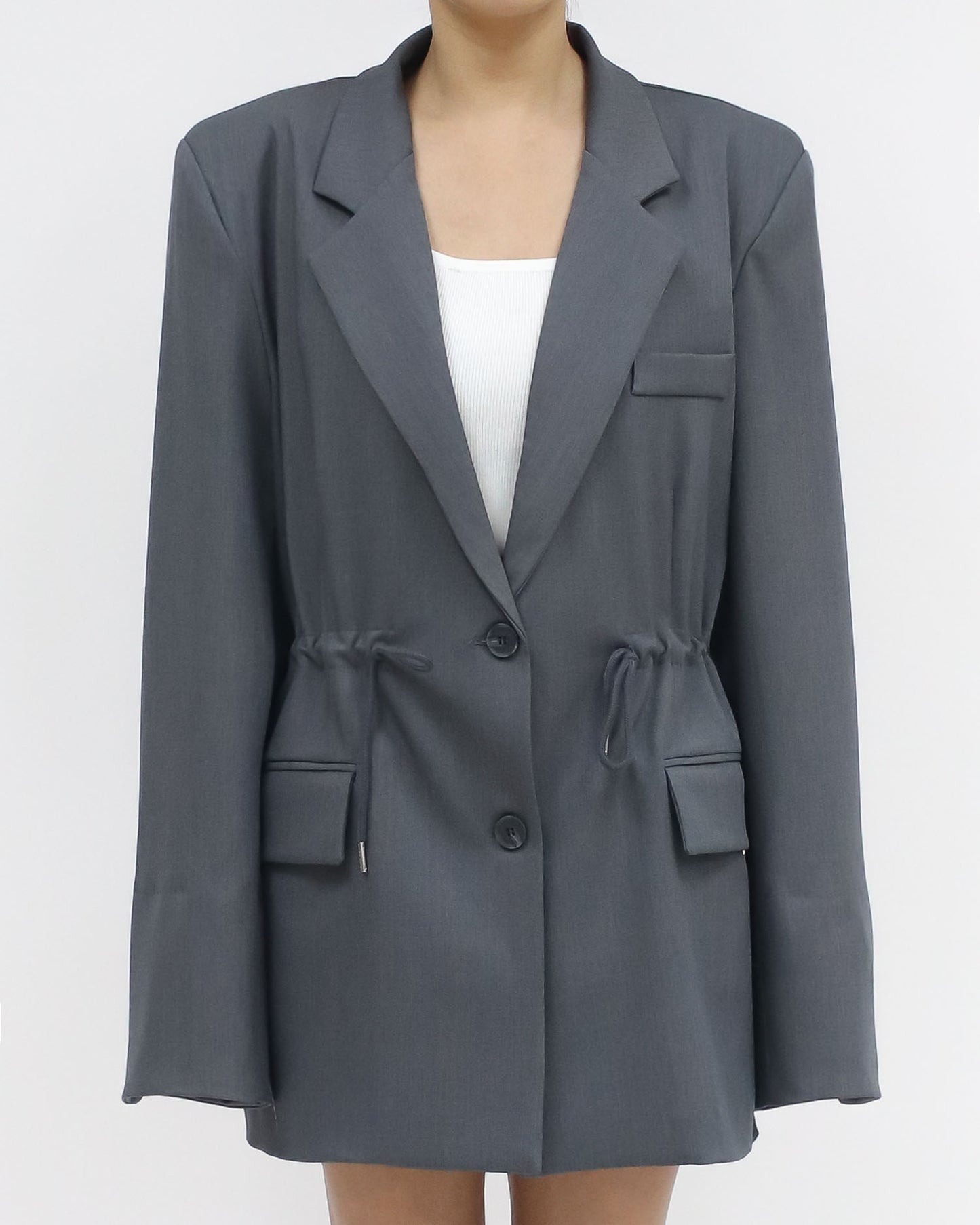 grey drop padded shoulders drawstring waist blazer *pre-order*