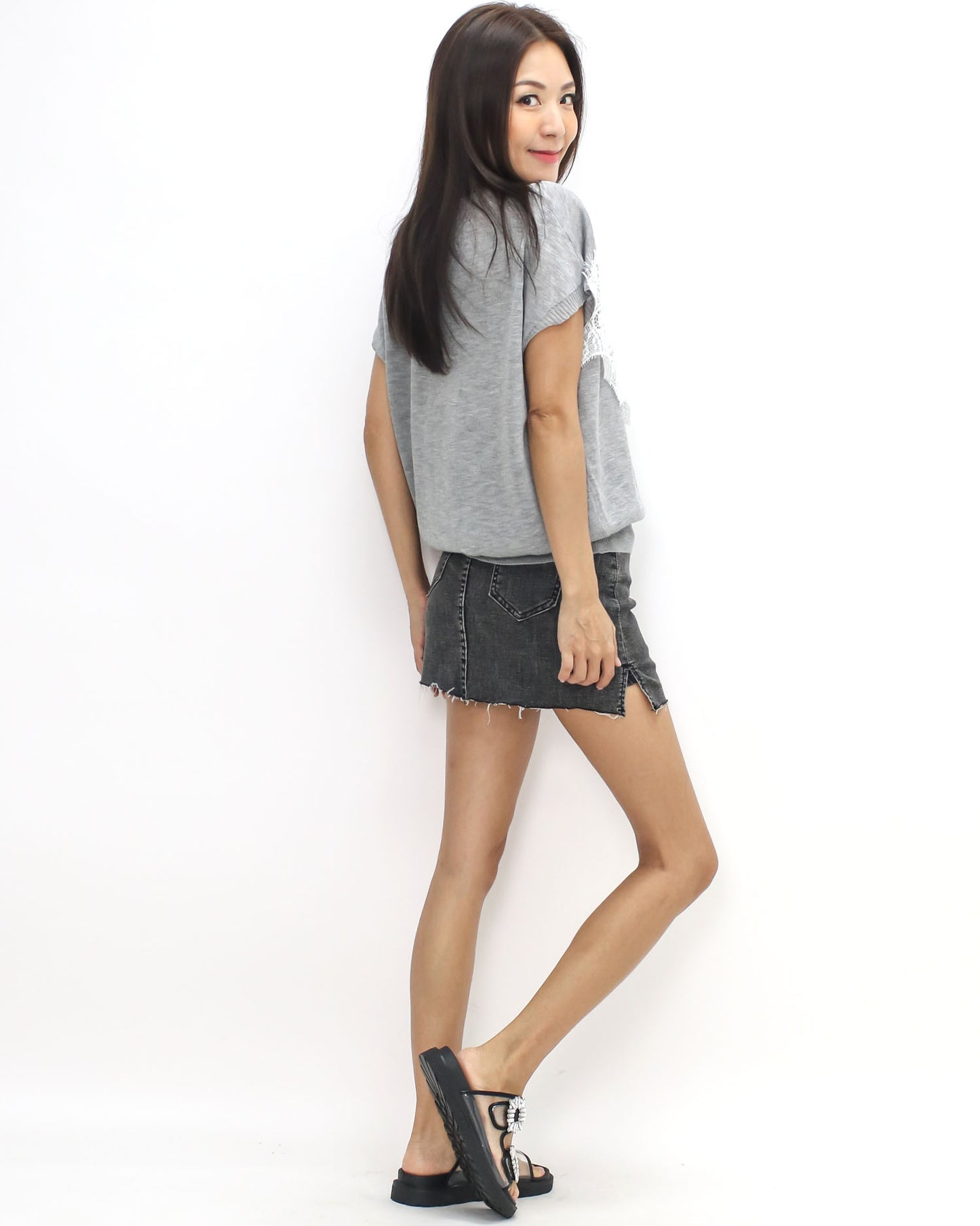 grey w/ ivory lace fine knitted vest *pre-order*