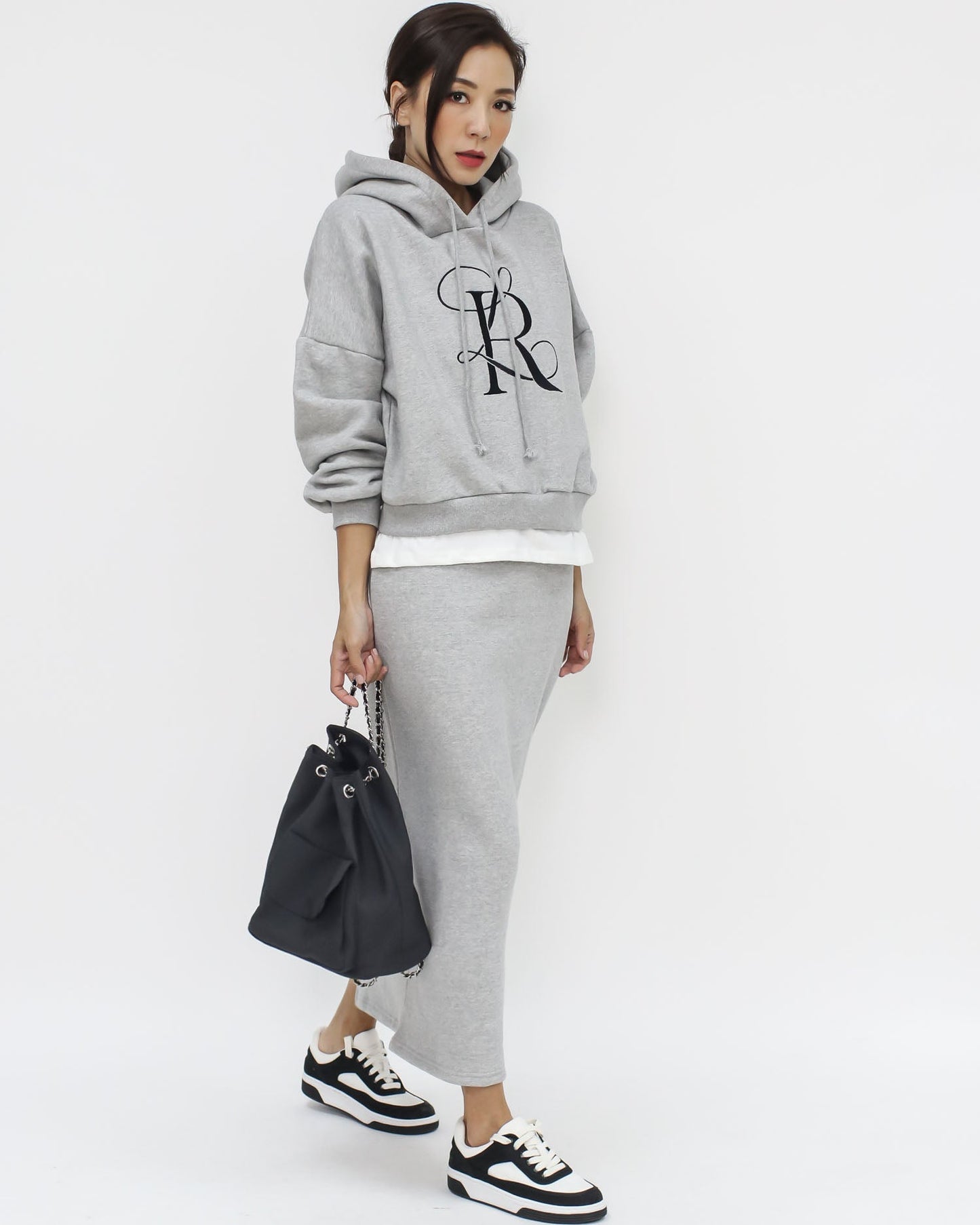 grey embellished hoodie fleece sweatshirt & skirt set *pre-order*