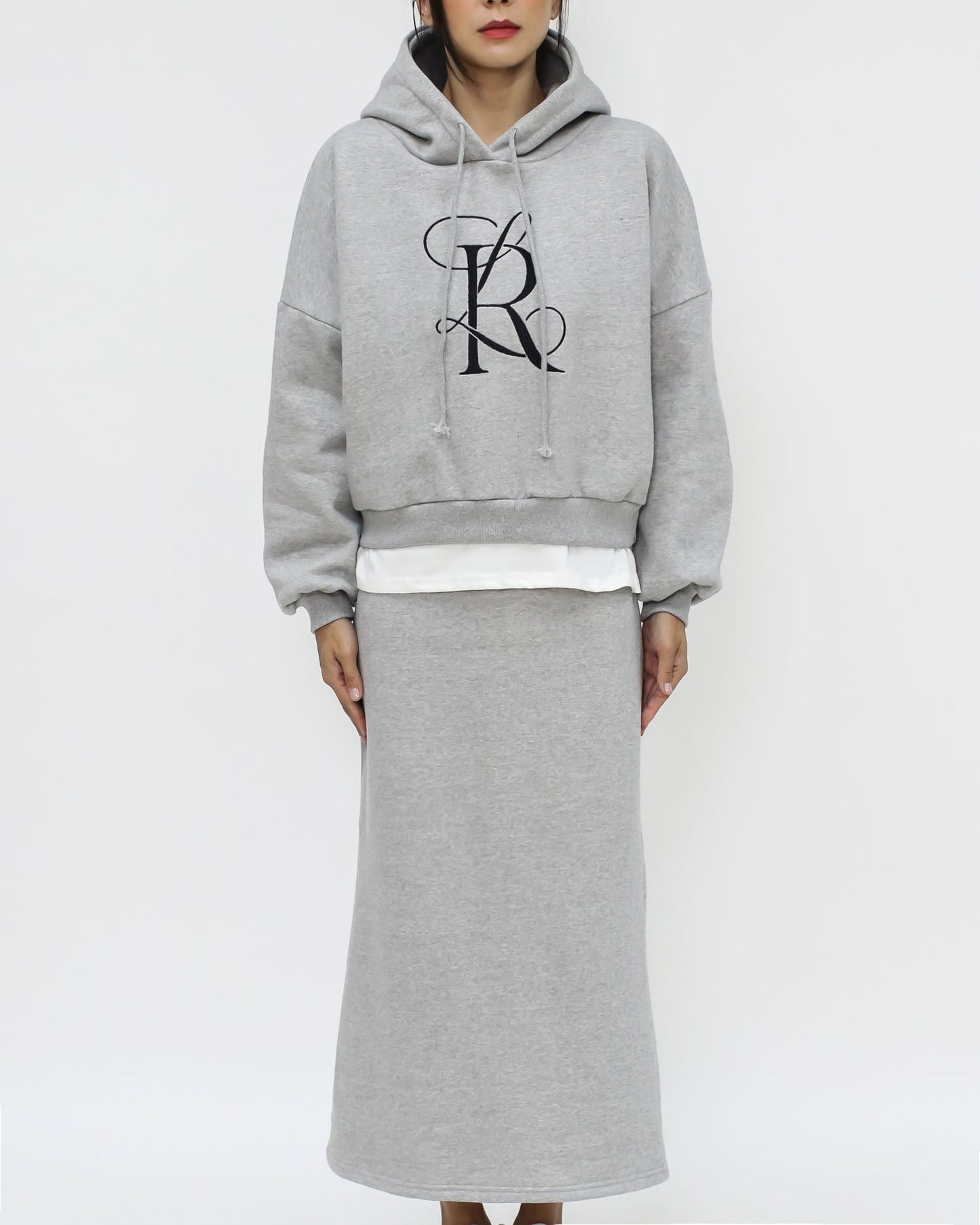 grey embellished hoodie fleece sweatshirt & skirt set *pre-order*