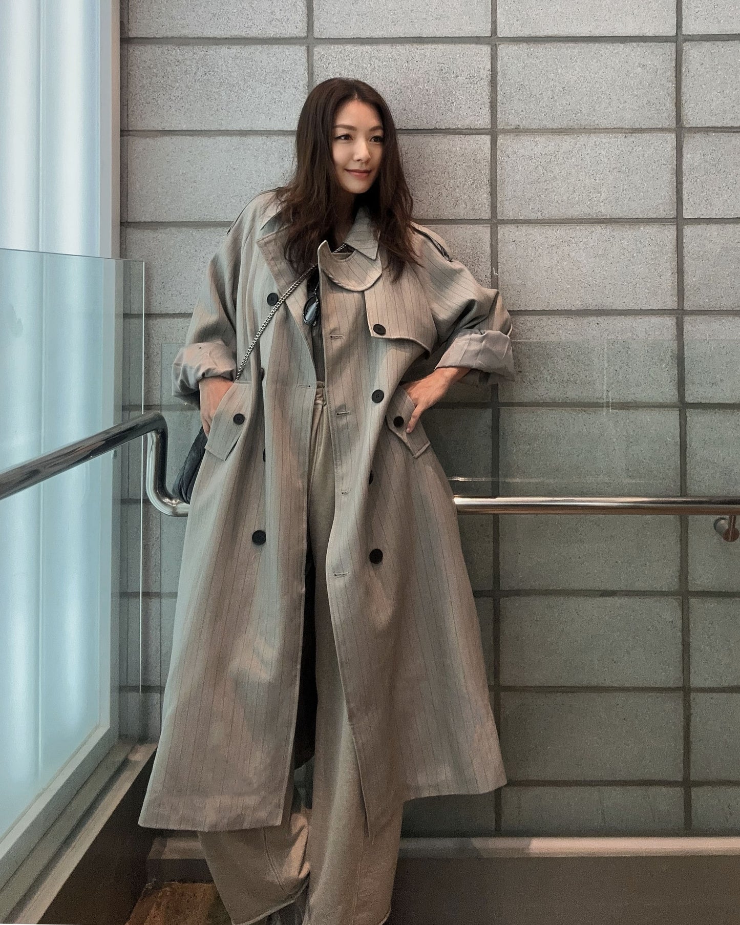 grey stripes longline trench coat w/ belt *pre-order*