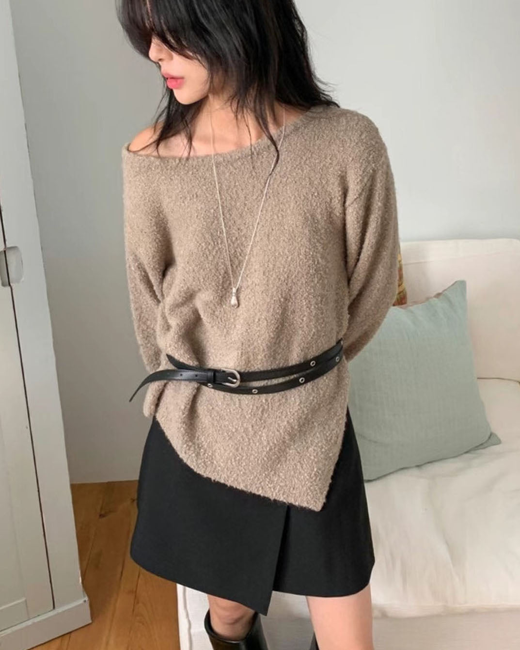 beige asymmetric hem off shoulder knitted top *pre-order*