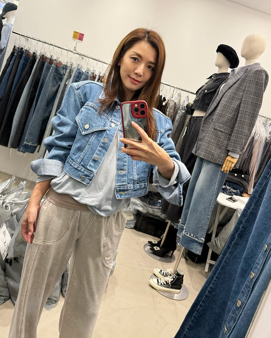 blue denim shoulder pads cropped jacket *pre-order*