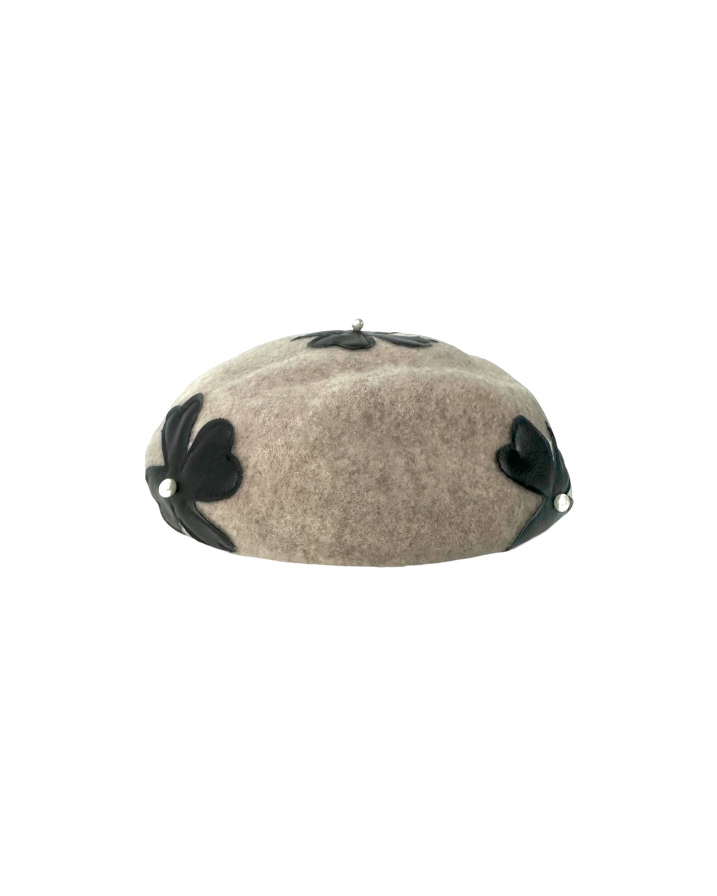 beige w/ black PU leather flowers wool blended beret