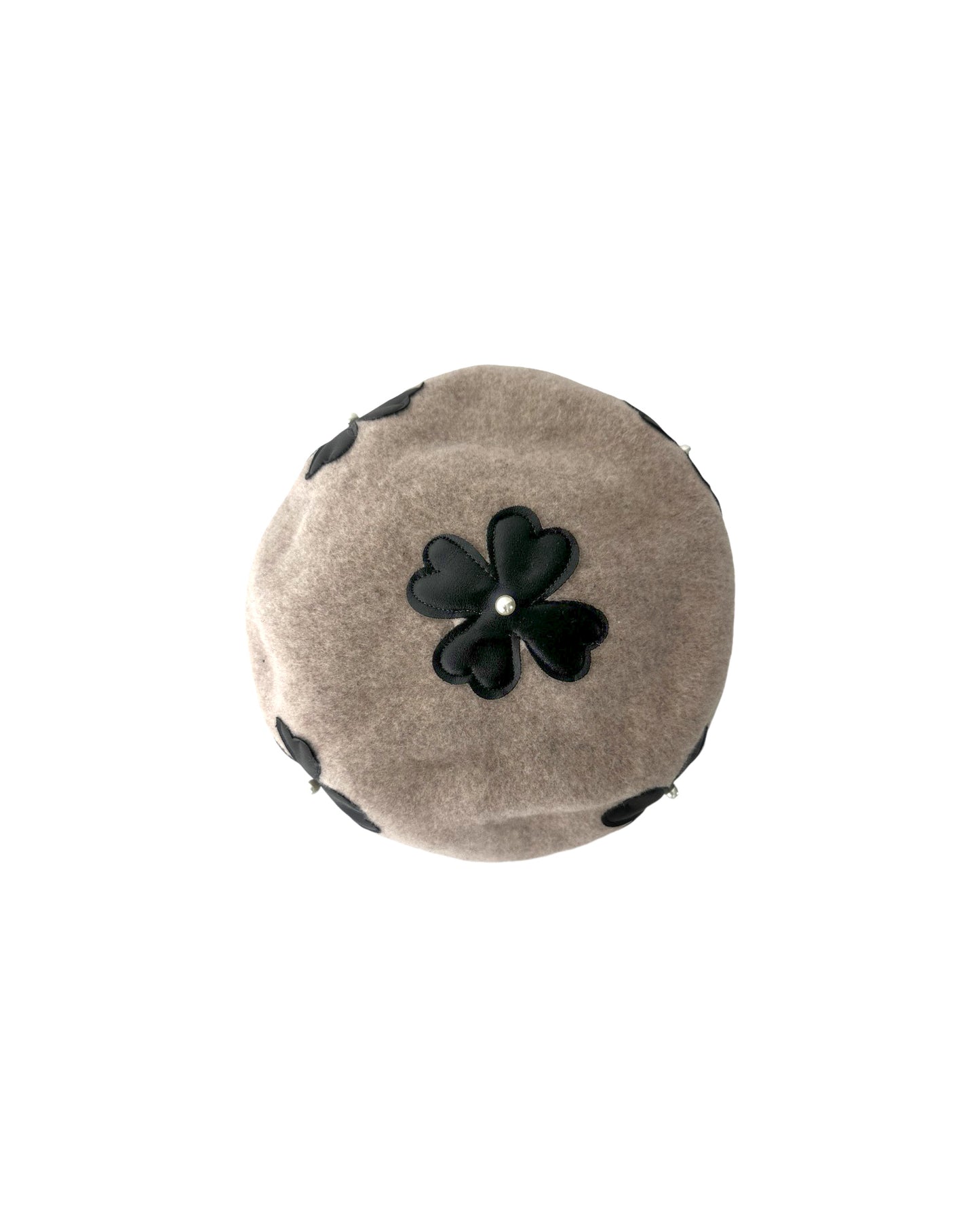 beige w/ black PU leather flowers wool blended beret