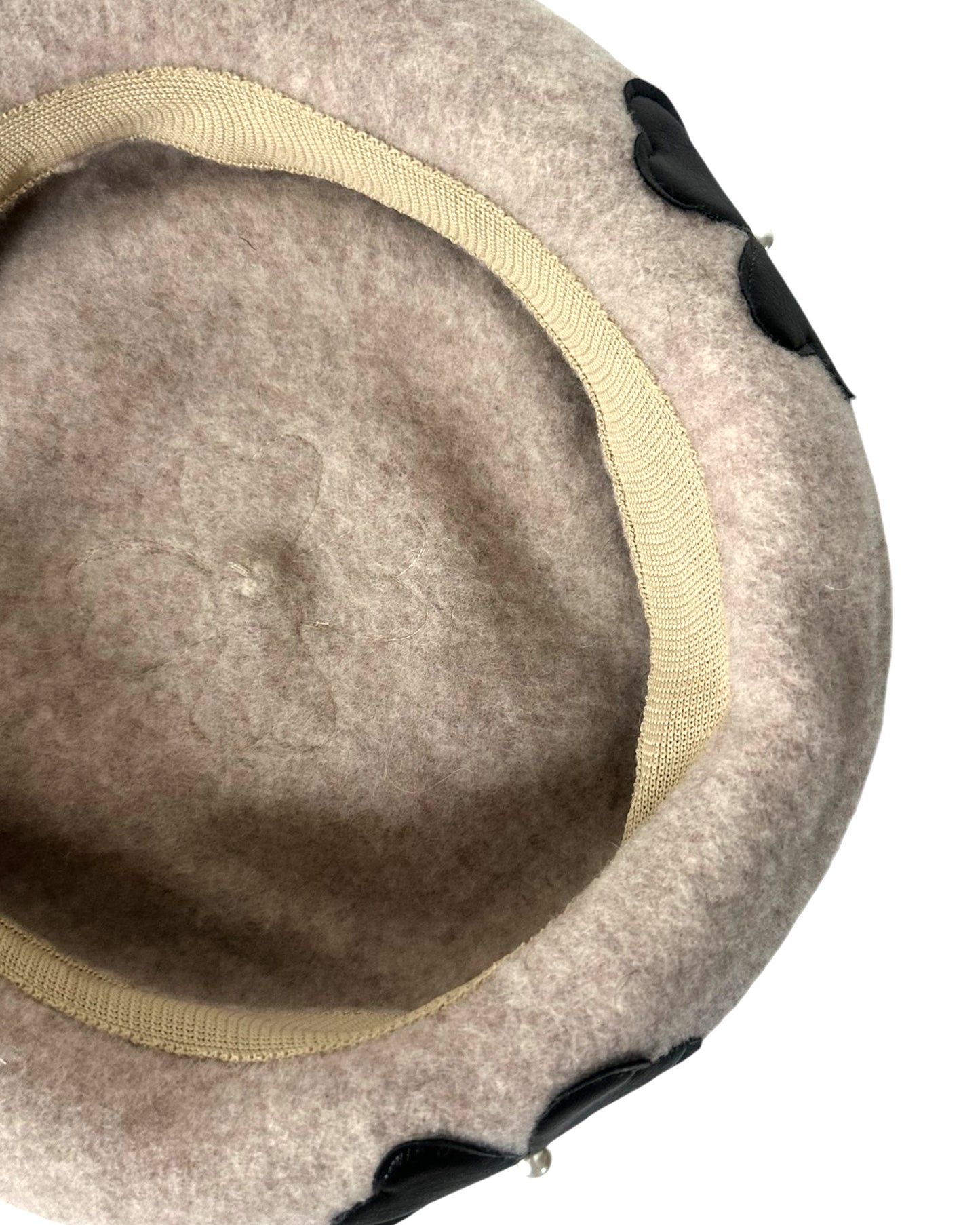 beige w/ black PU leather flowers wool blended beret