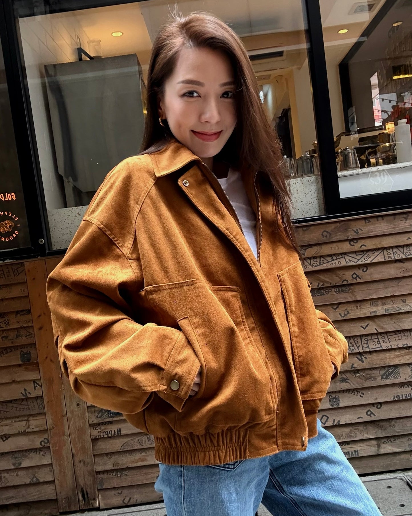 caramel PU suede bomber jacket *pre-order*