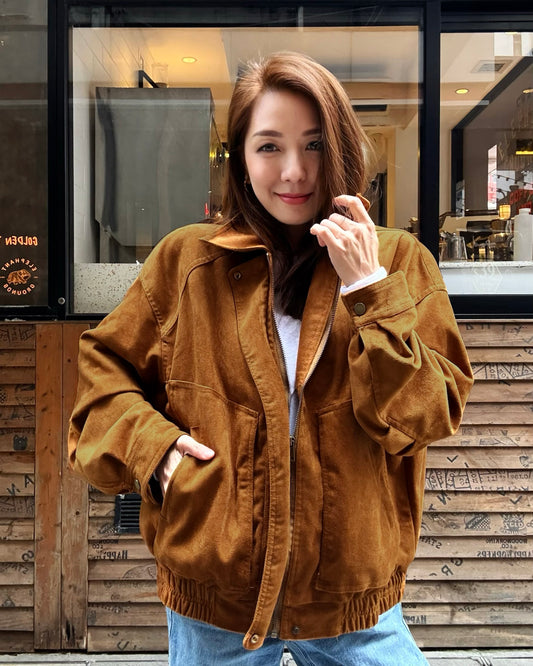 caramel PU suede bomber jacket