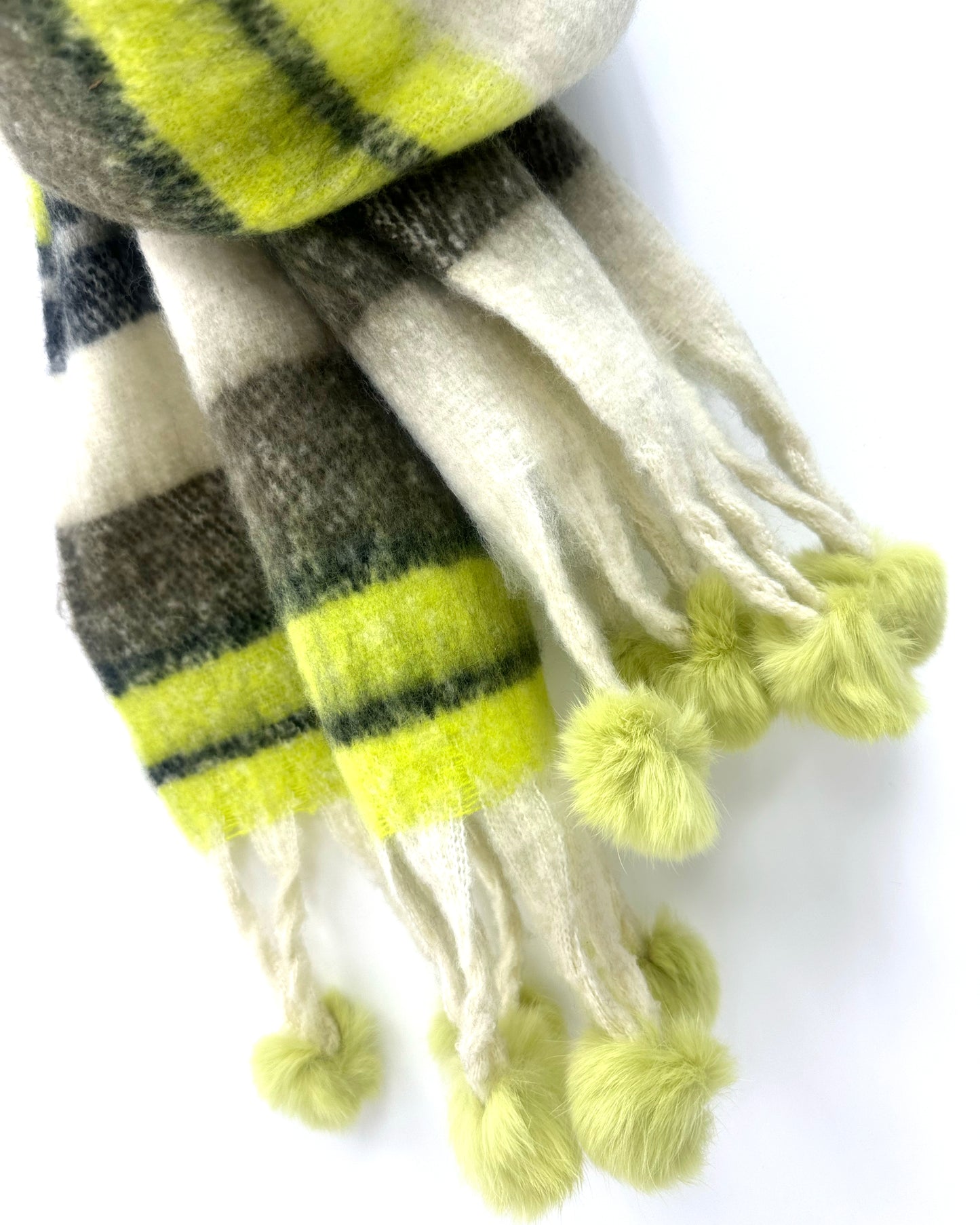 ivory & neon green w/ balls mohair knitted scarf *pre-order*