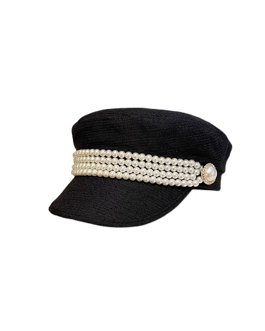 black tweed pearls chain boy cap