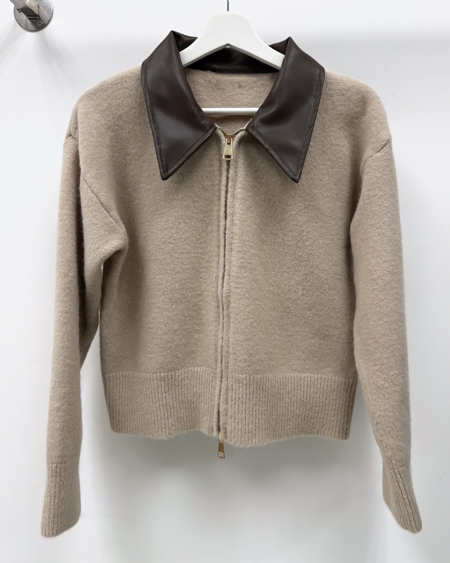 beige w/ brown PU leather collar knitted top cardigan