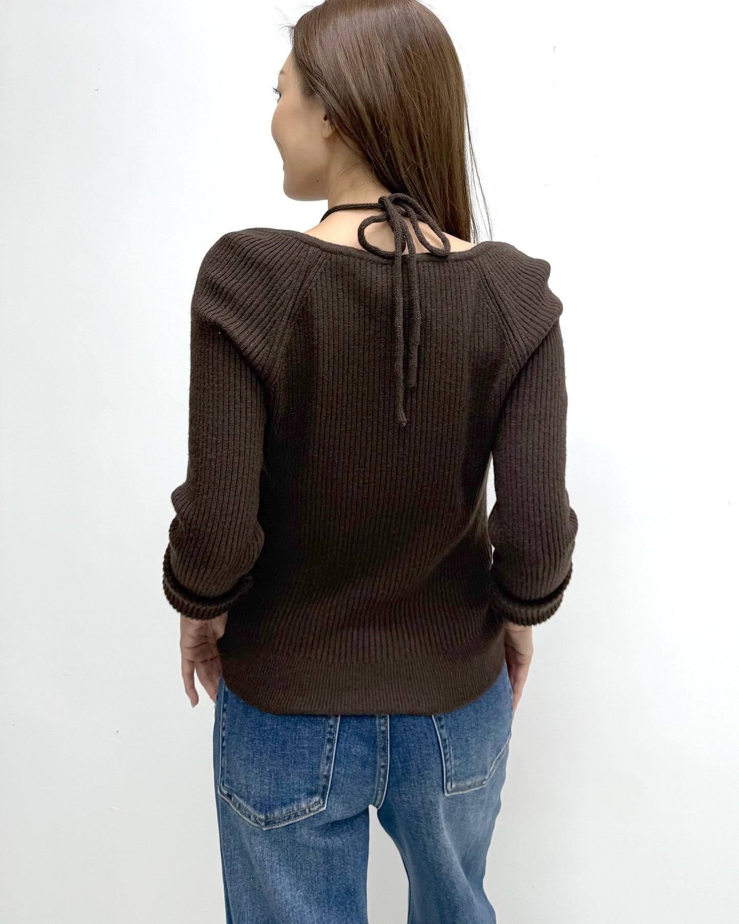 brown halter neck tie-up knitted top