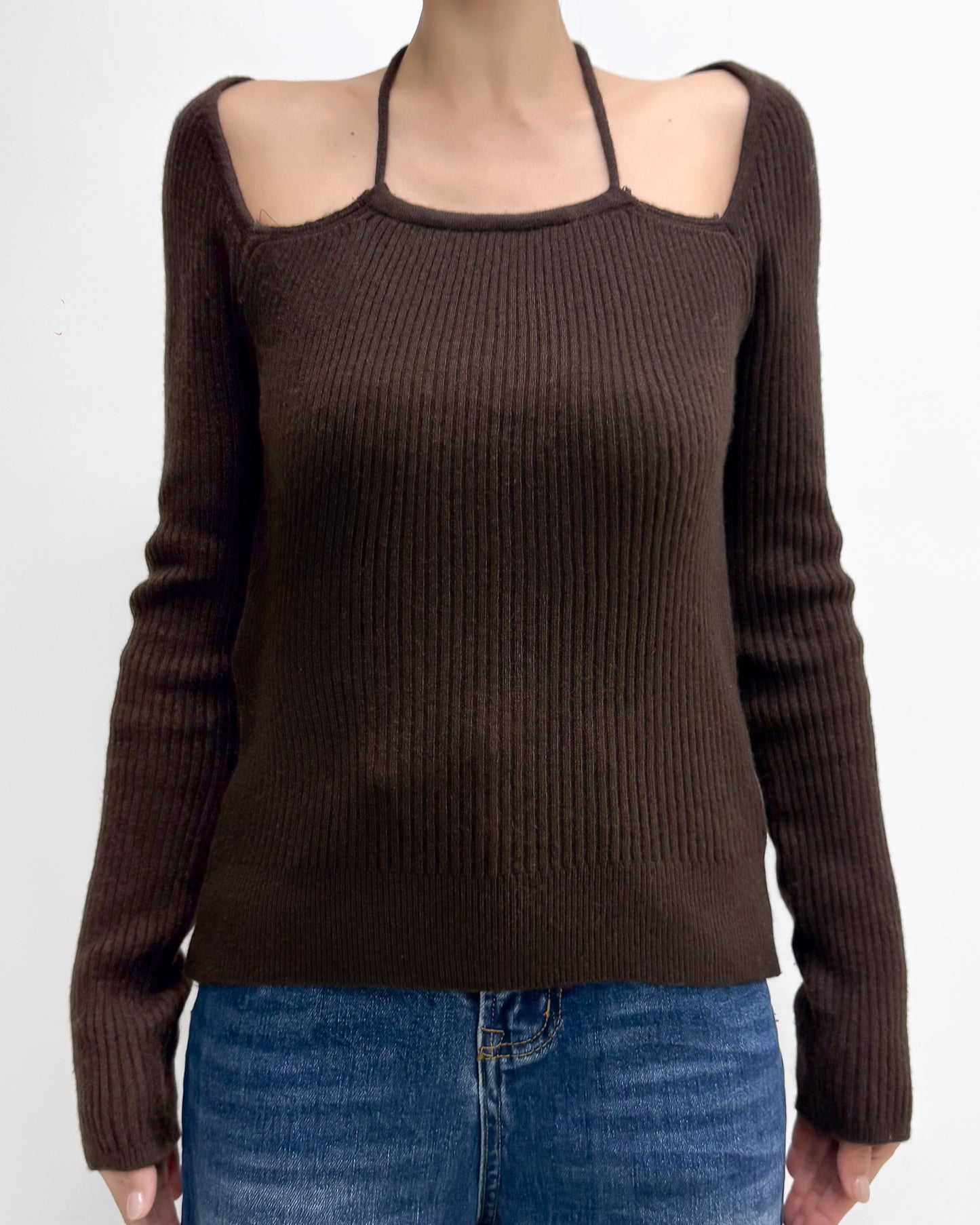brown halter neck tie-up knitted top