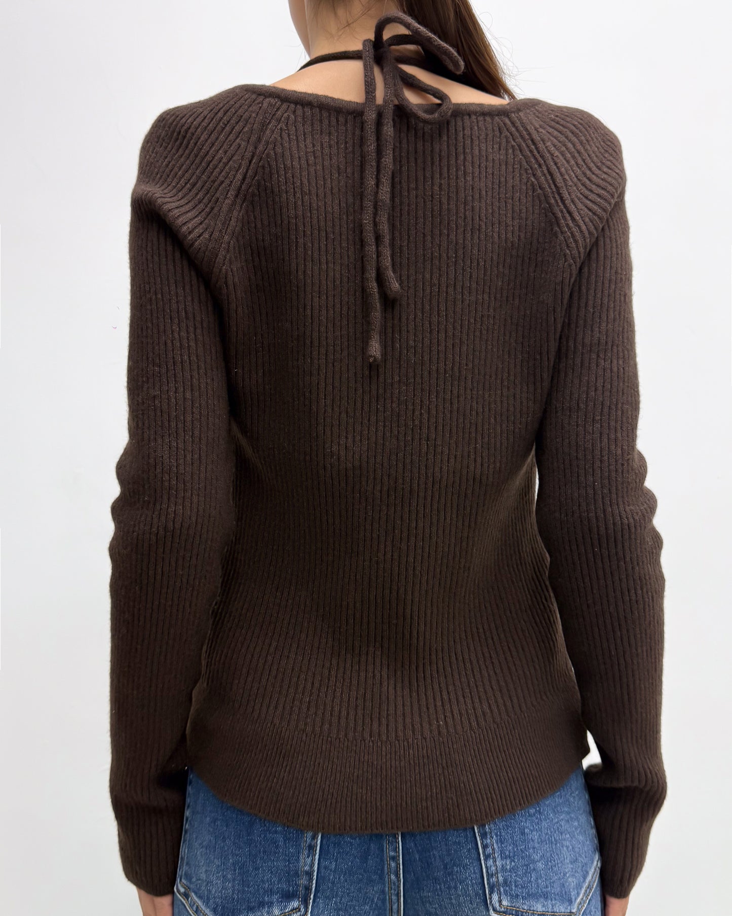 brown halter neck tie-up knitted top