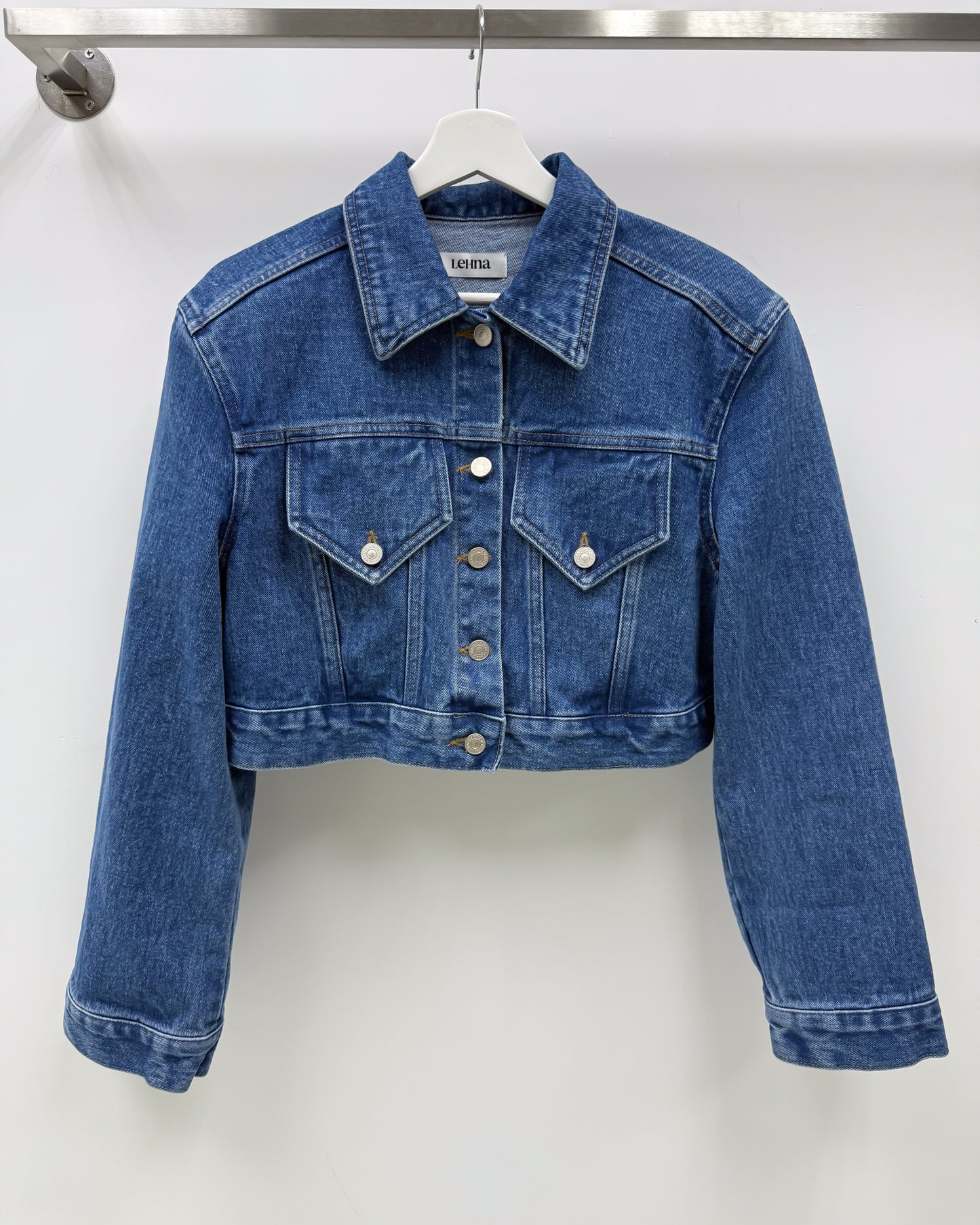 blue denim shoulder pads cropped jacket