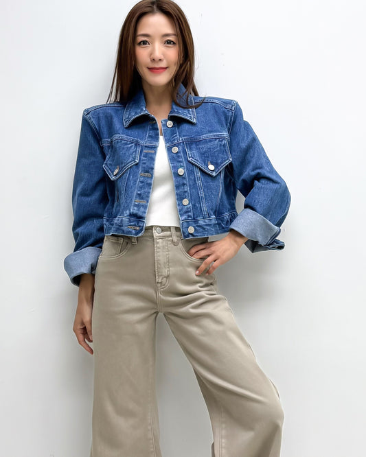 blue denim shoulder pads cropped jacket