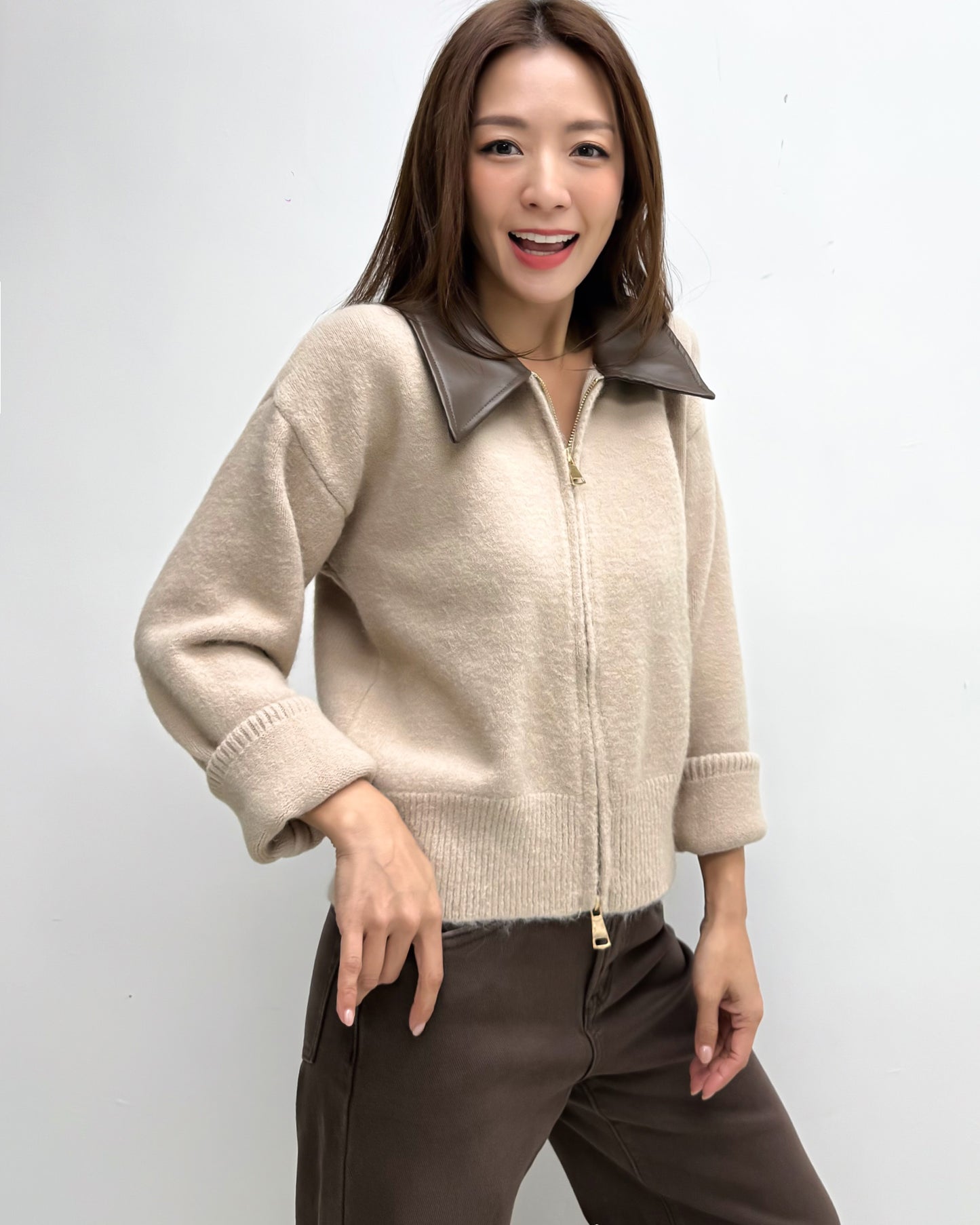 beige w/ brown PU leather collar knitted top cardigan