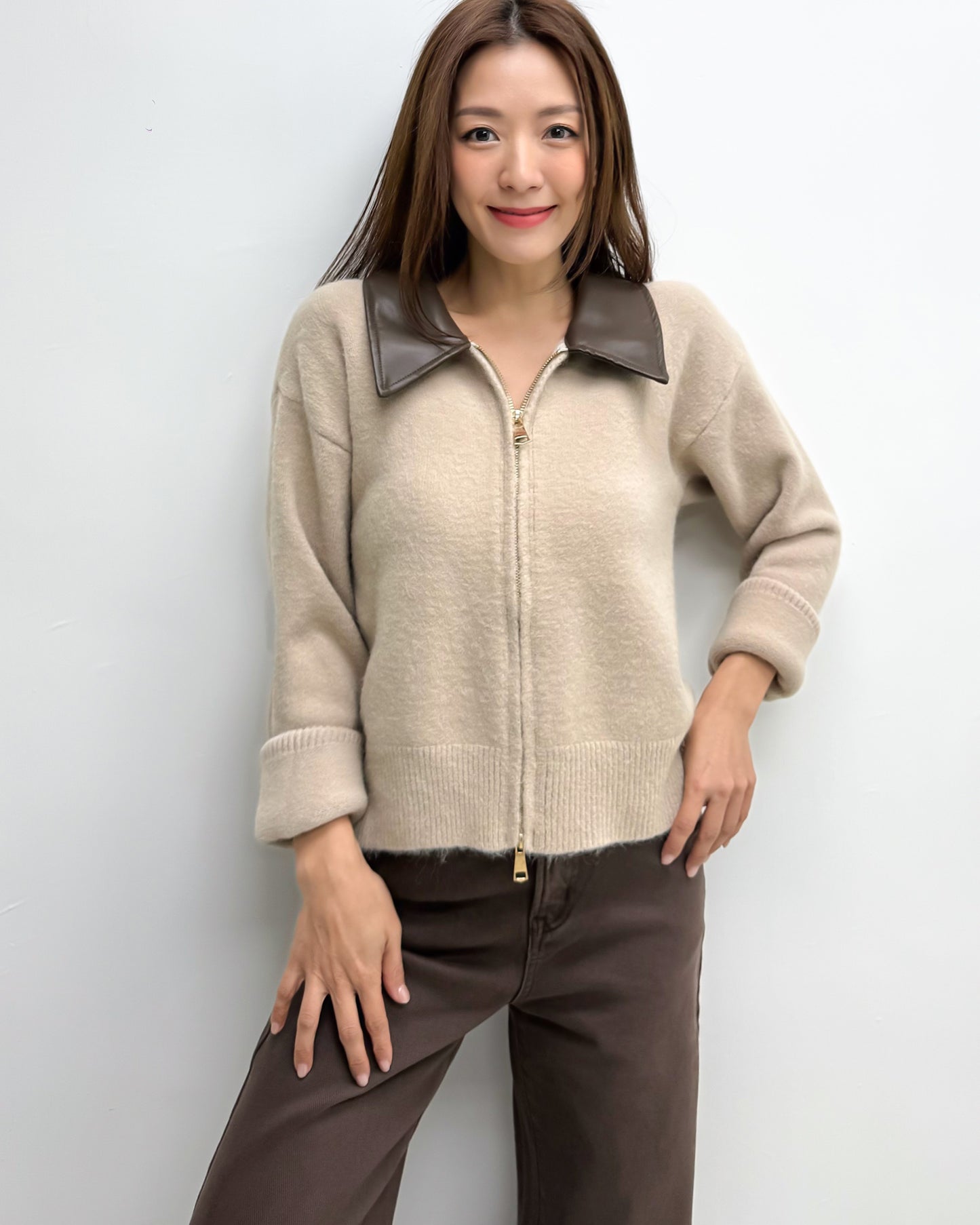 beige w/ brown PU leather collar knitted top cardigan