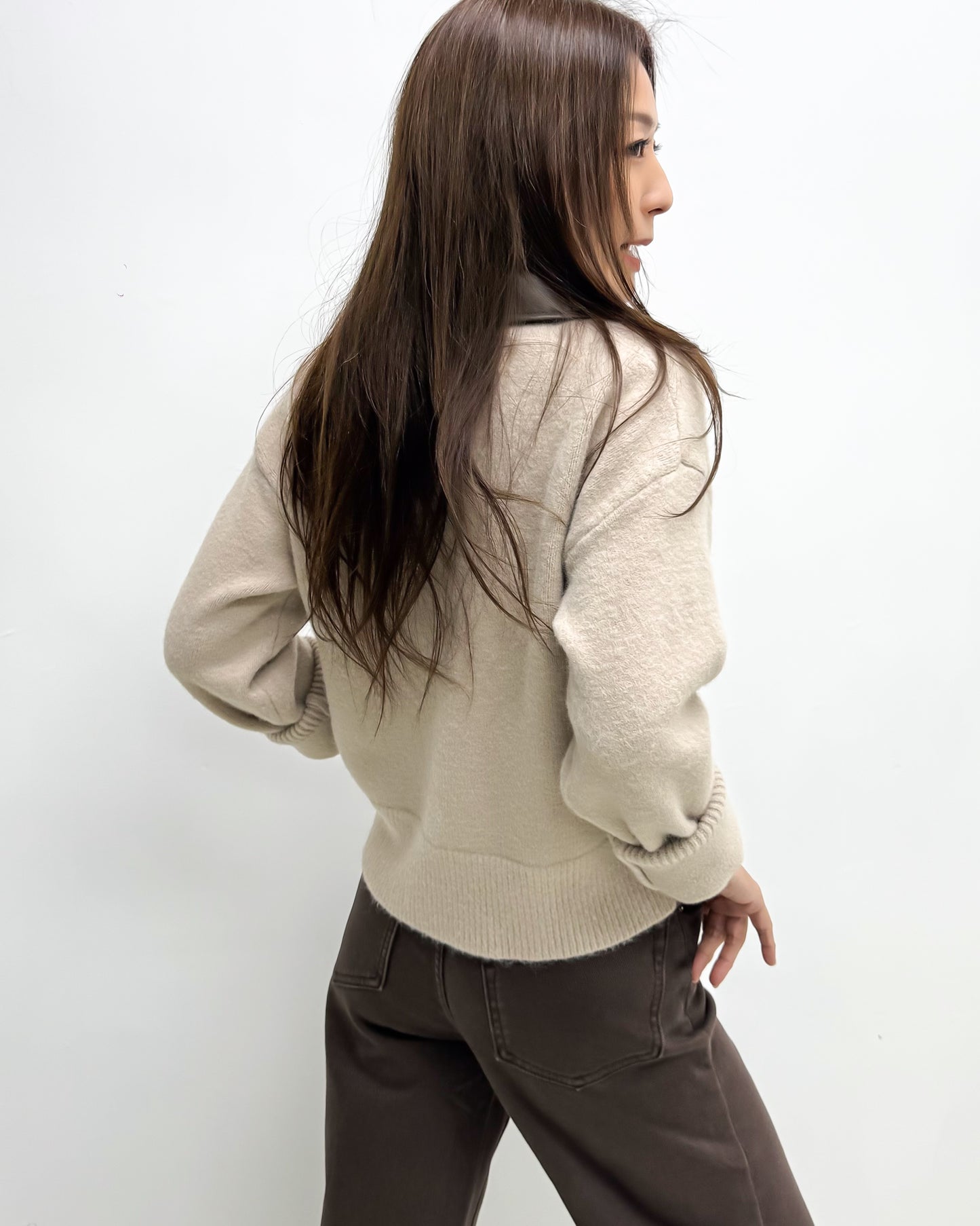 beige w/ brown PU leather collar knitted top cardigan