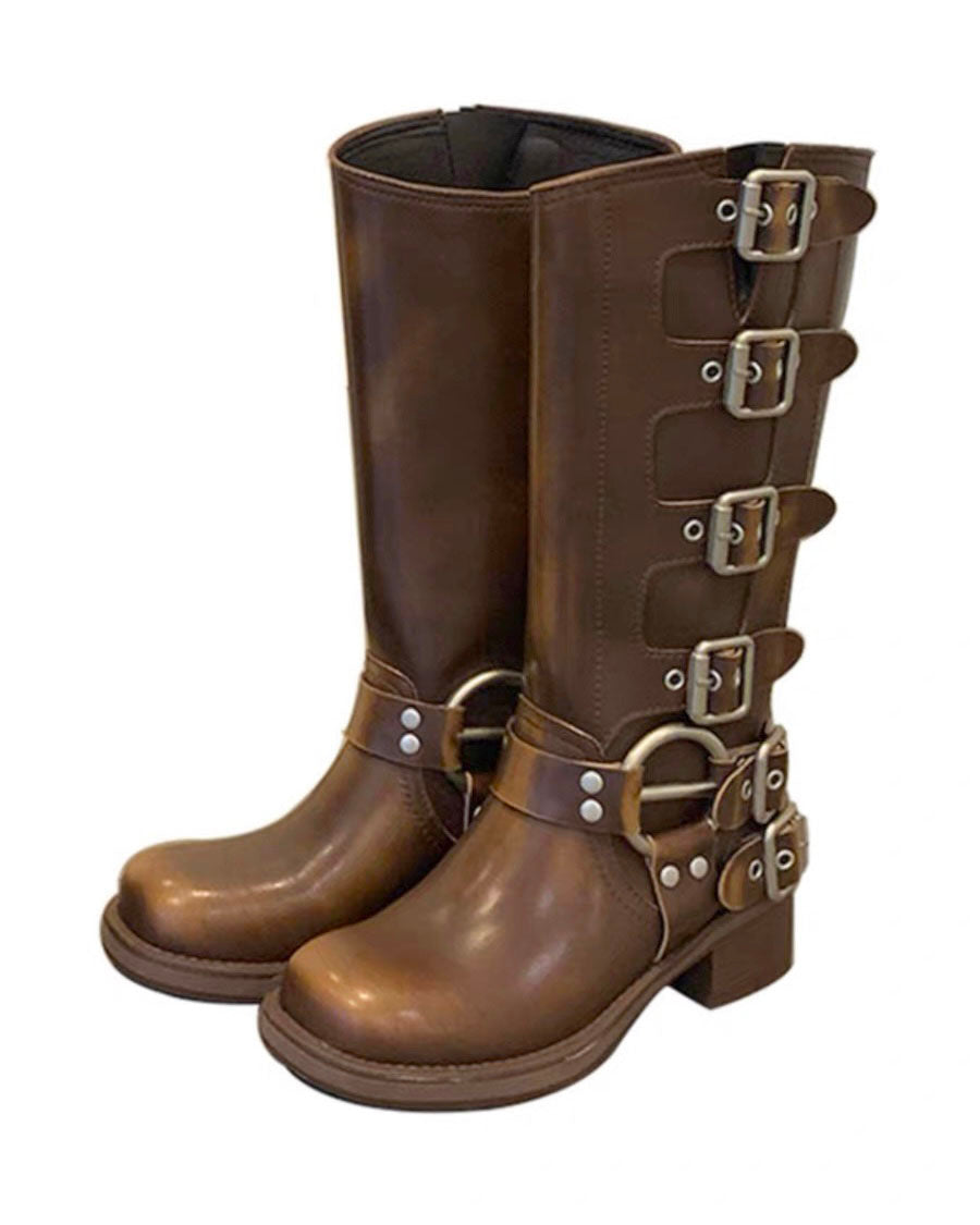 brown leather buckles knee length biker boots - 37