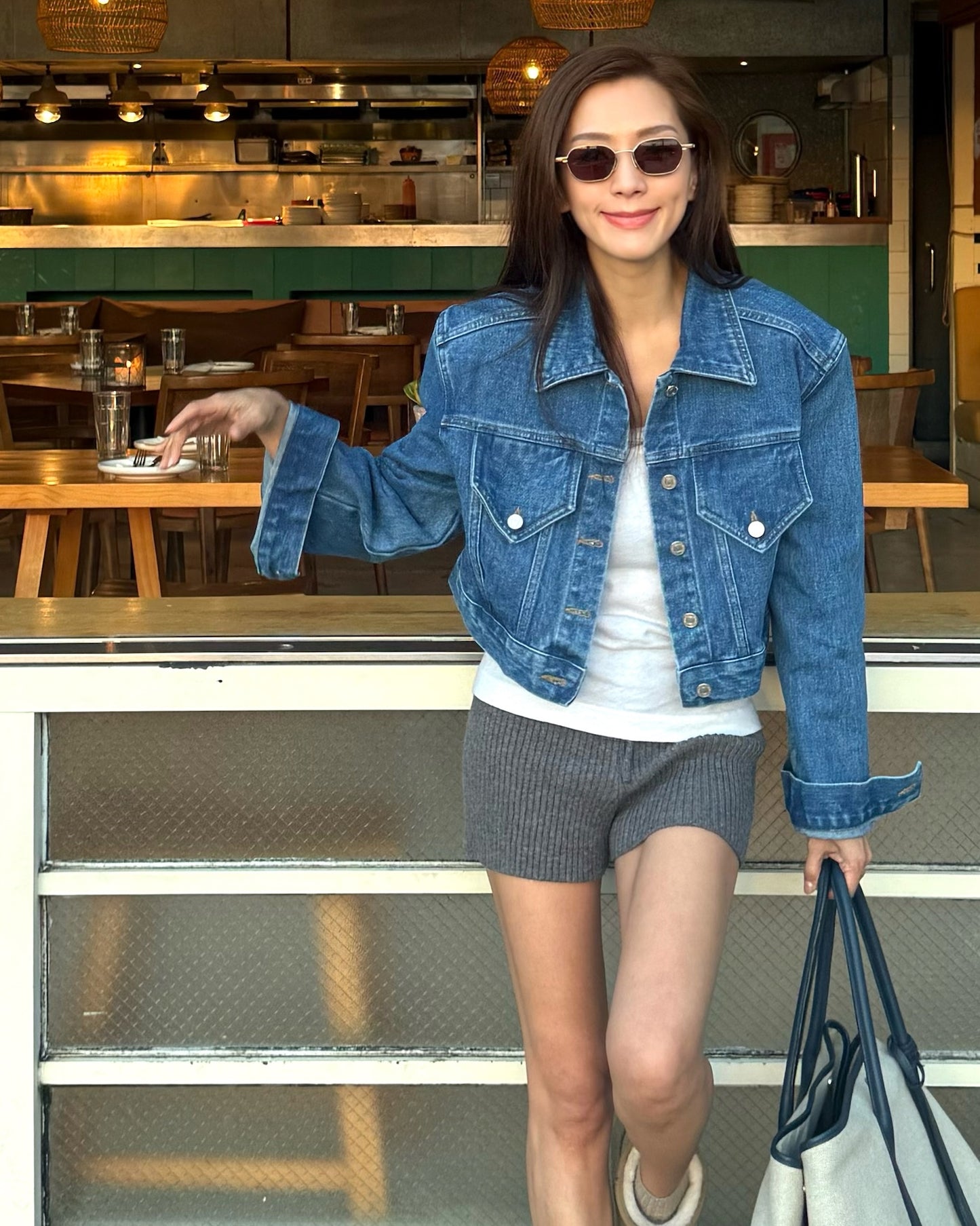 blue denim shoulder pads cropped jacket