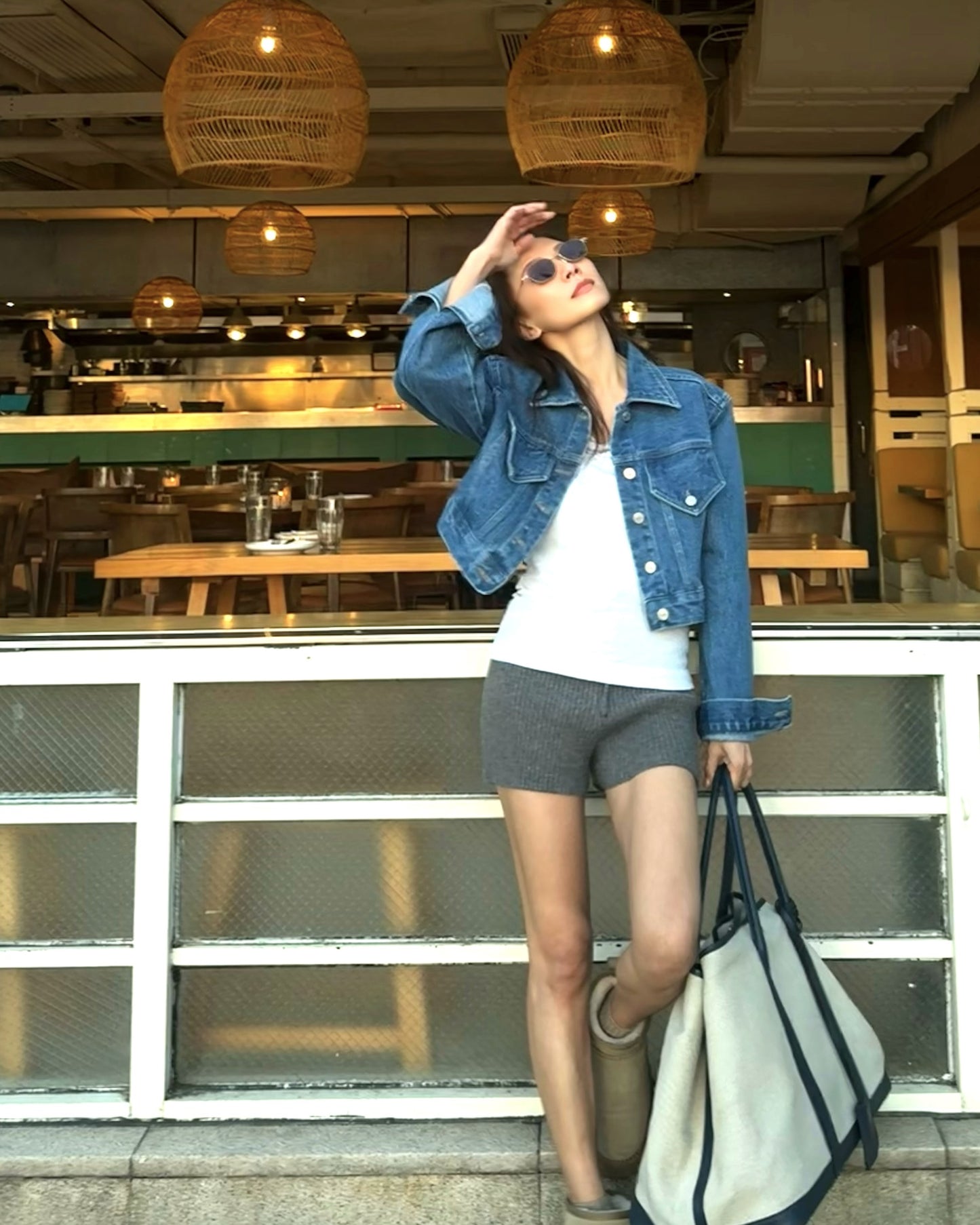 blue denim shoulder pads cropped jacket