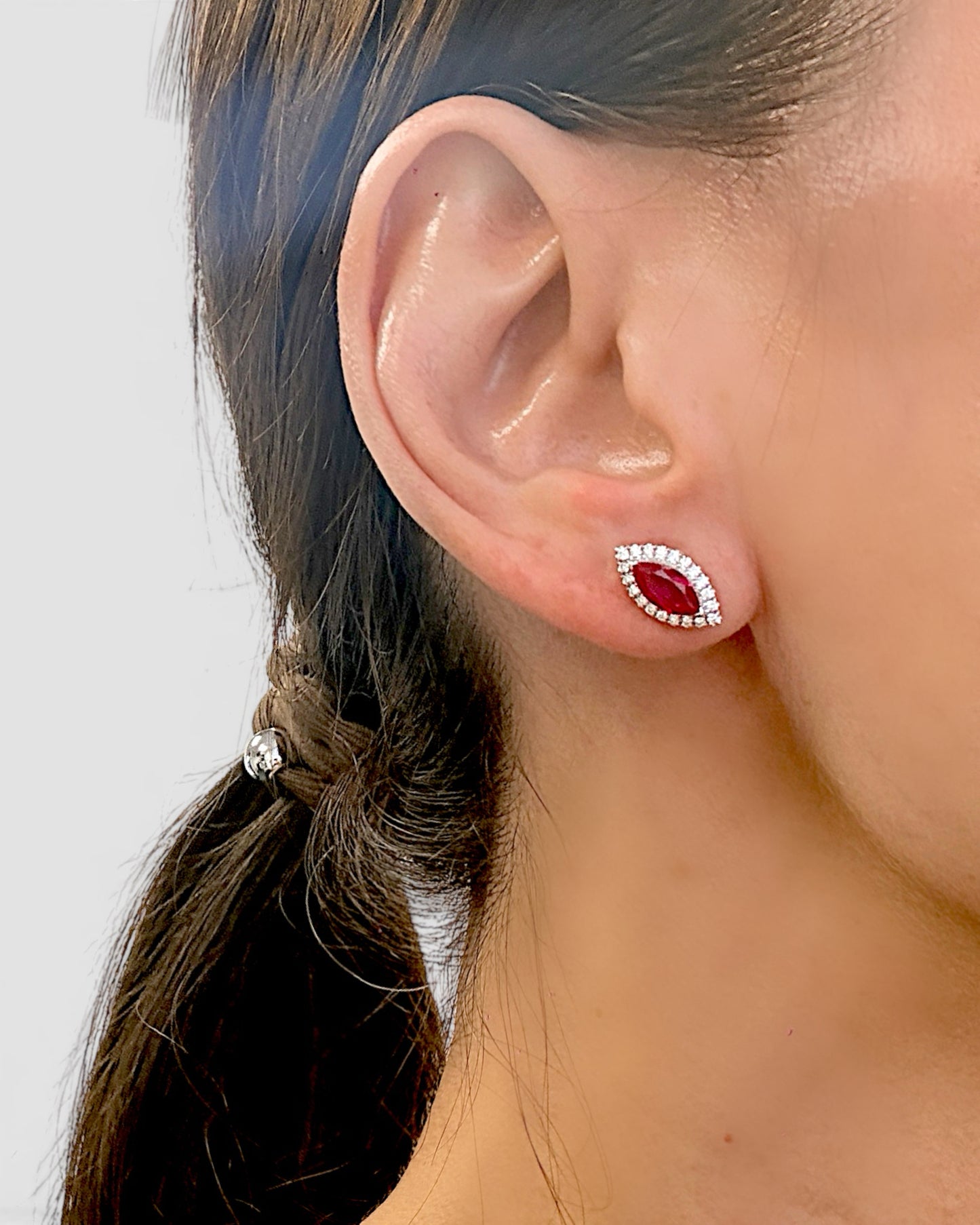 GAL red ruby marquise halo lab-grown diamond stud earrings