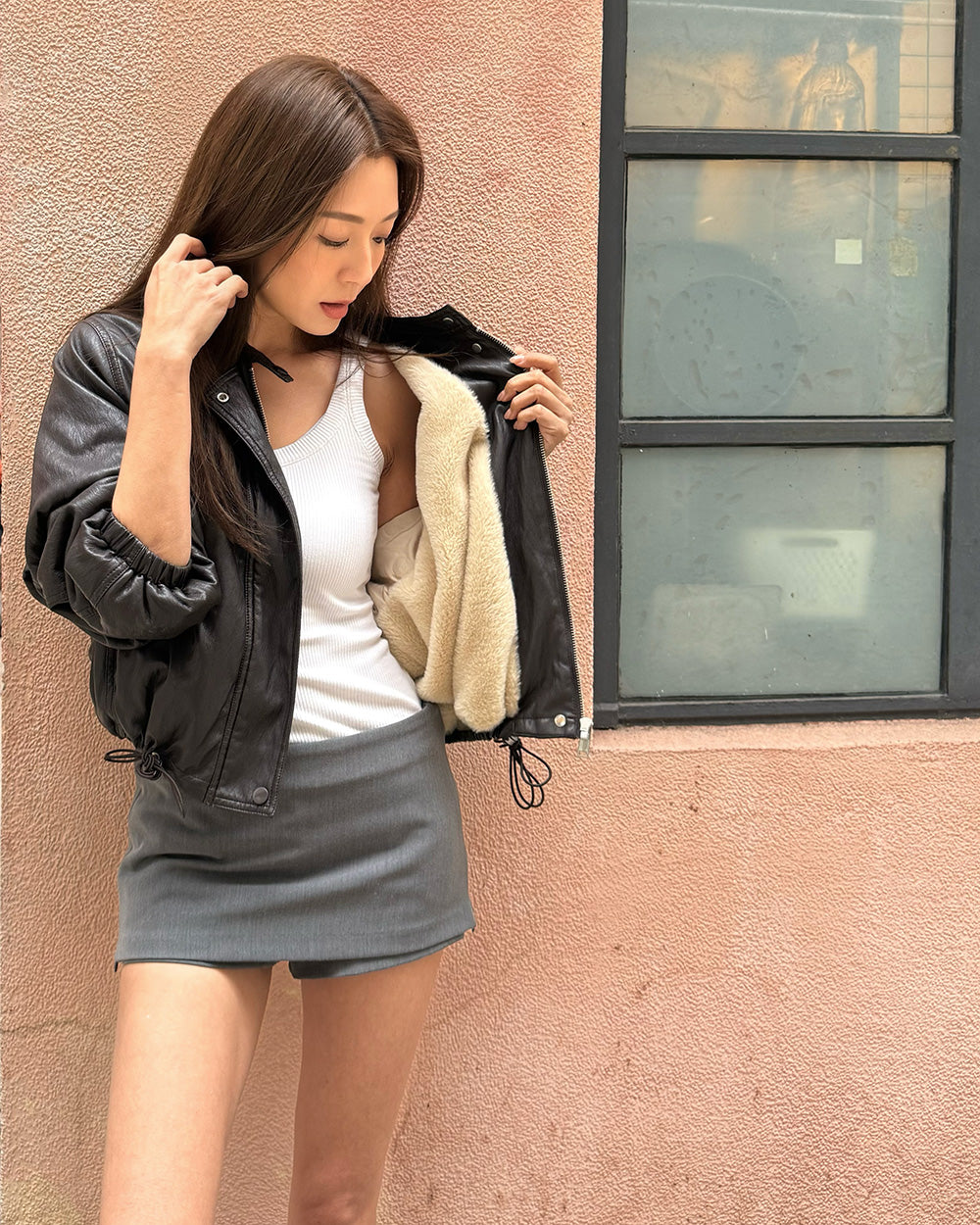 dark brown PU leather fleece bomber jacket *pre-order*