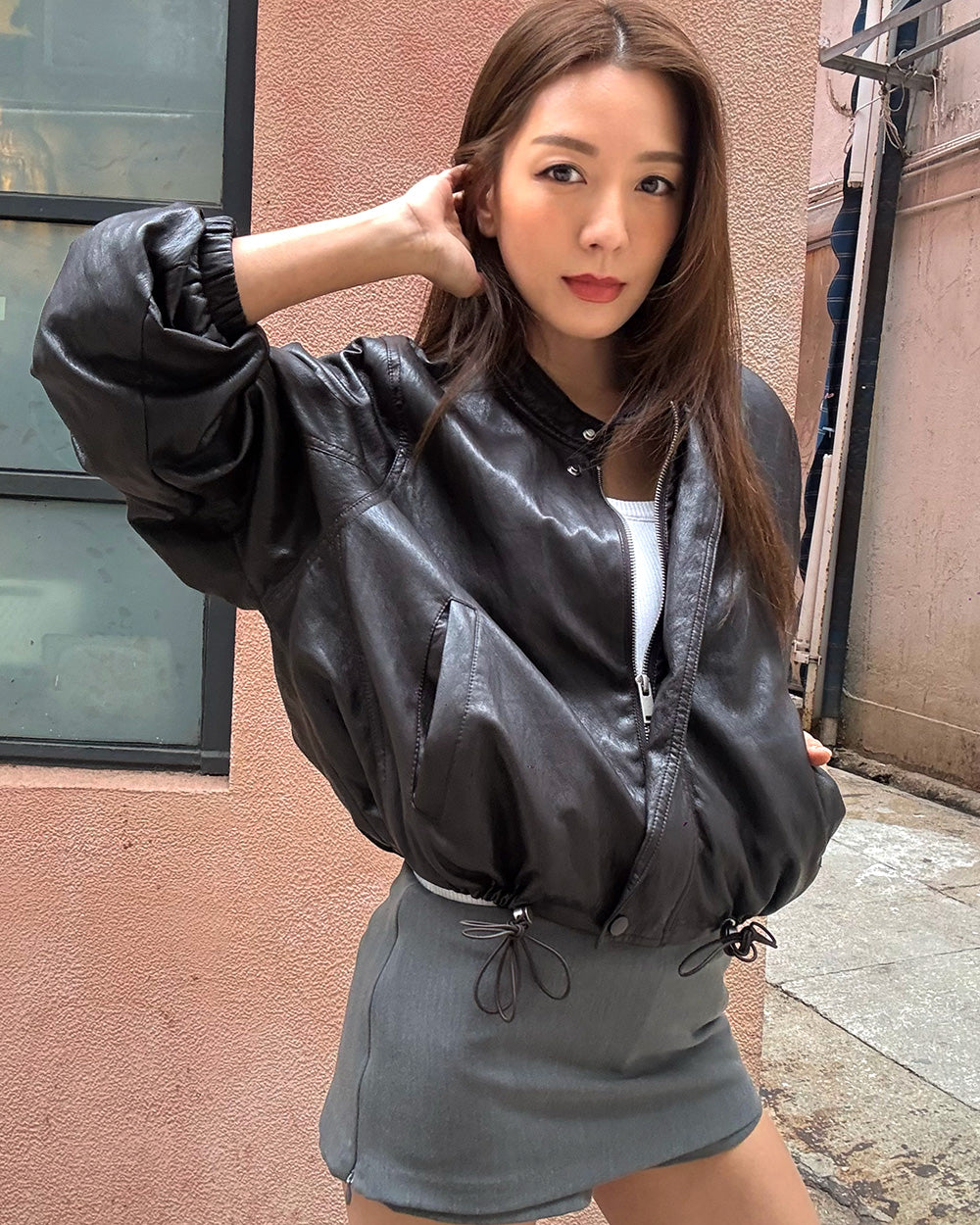 dark brown PU leather fleece bomber jacket *pre-order*