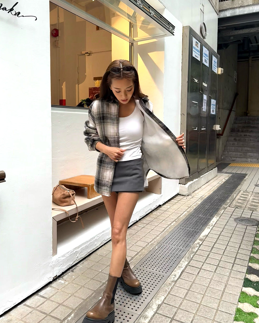 ivory beige & grey checkers fleece inner shirt *pre-order*