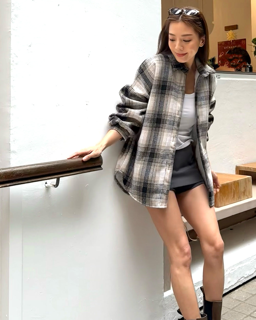 ivory beige & grey checkers fleece inner shirt *pre-order*