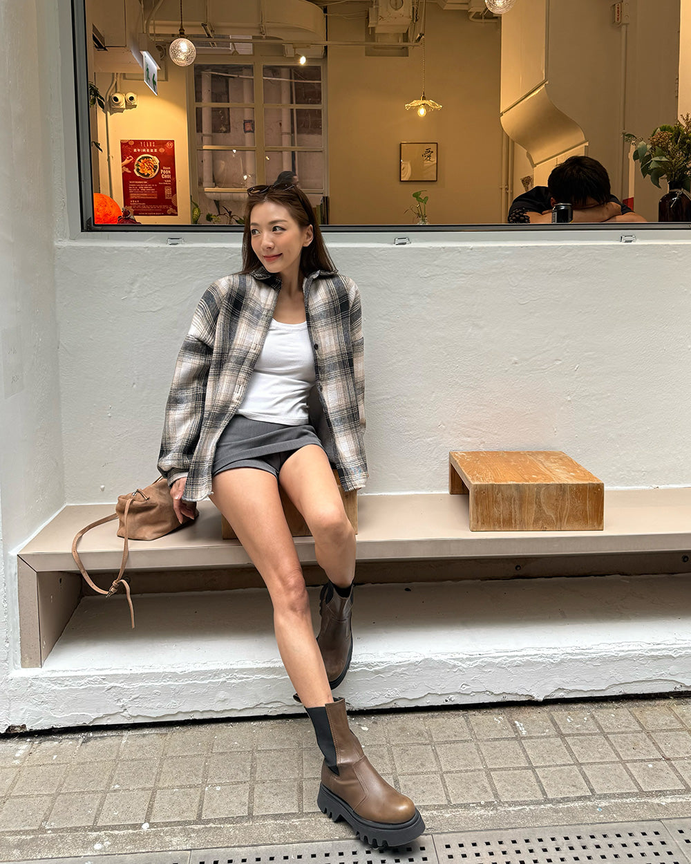 ivory beige & grey checkers fleece inner shirt *pre-order*