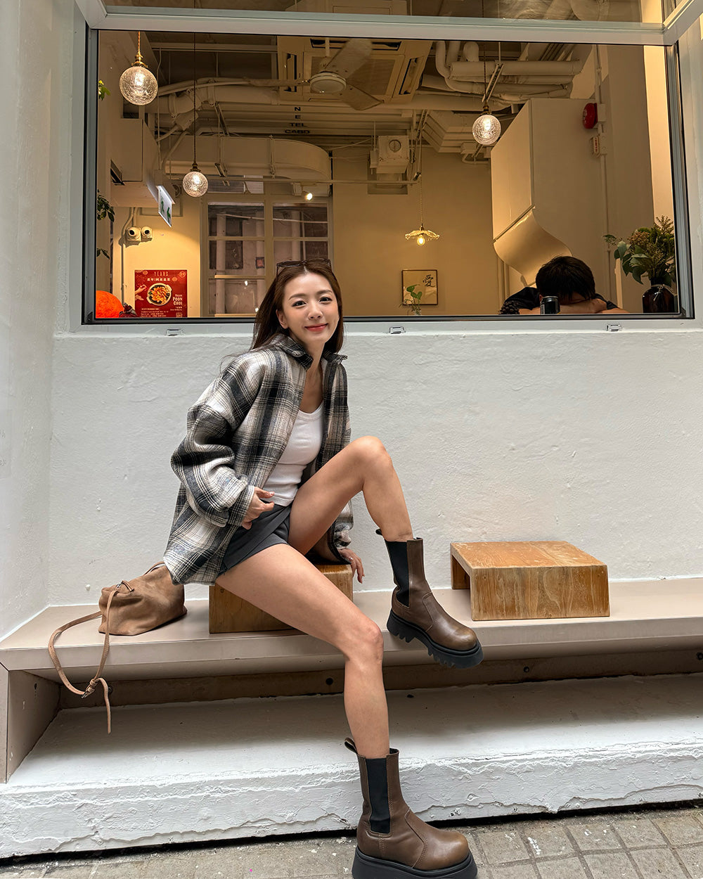 ivory beige & grey checkers fleece inner shirt *pre-order*