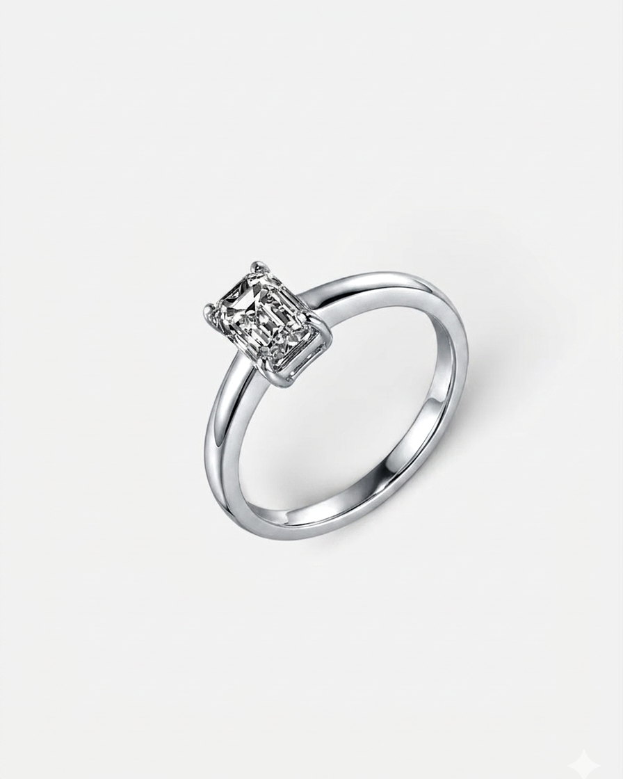 1ct emerald lab-grown diamond silver rhodium plated ring