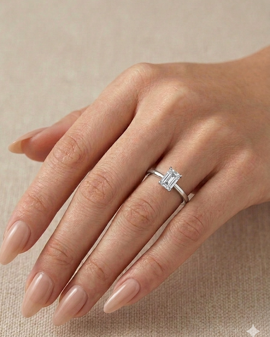 1ct emerald lab-grown diamond silver rhodium plated ring