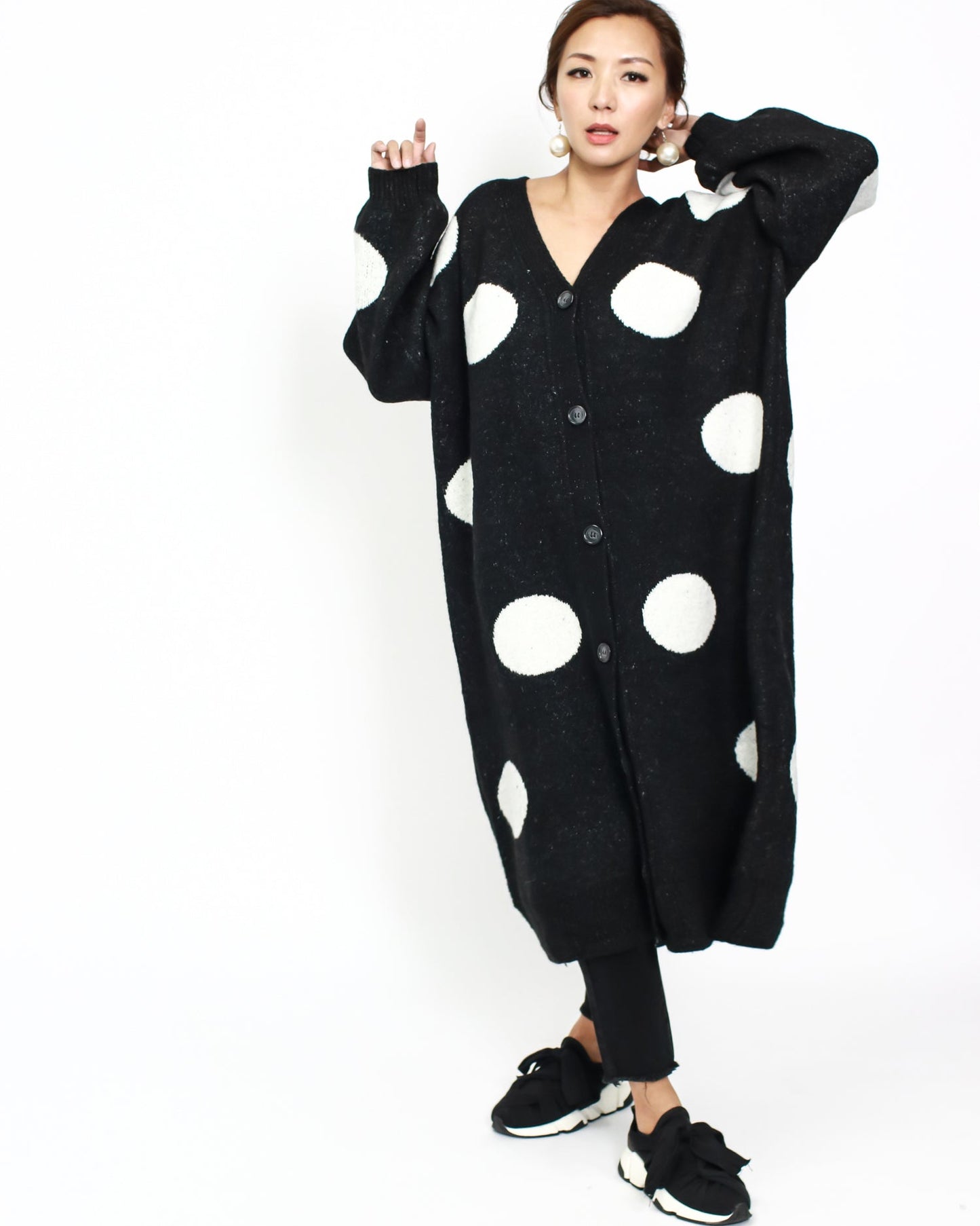 Black & ivory polka dots longline knitted cardigan *pre-order*