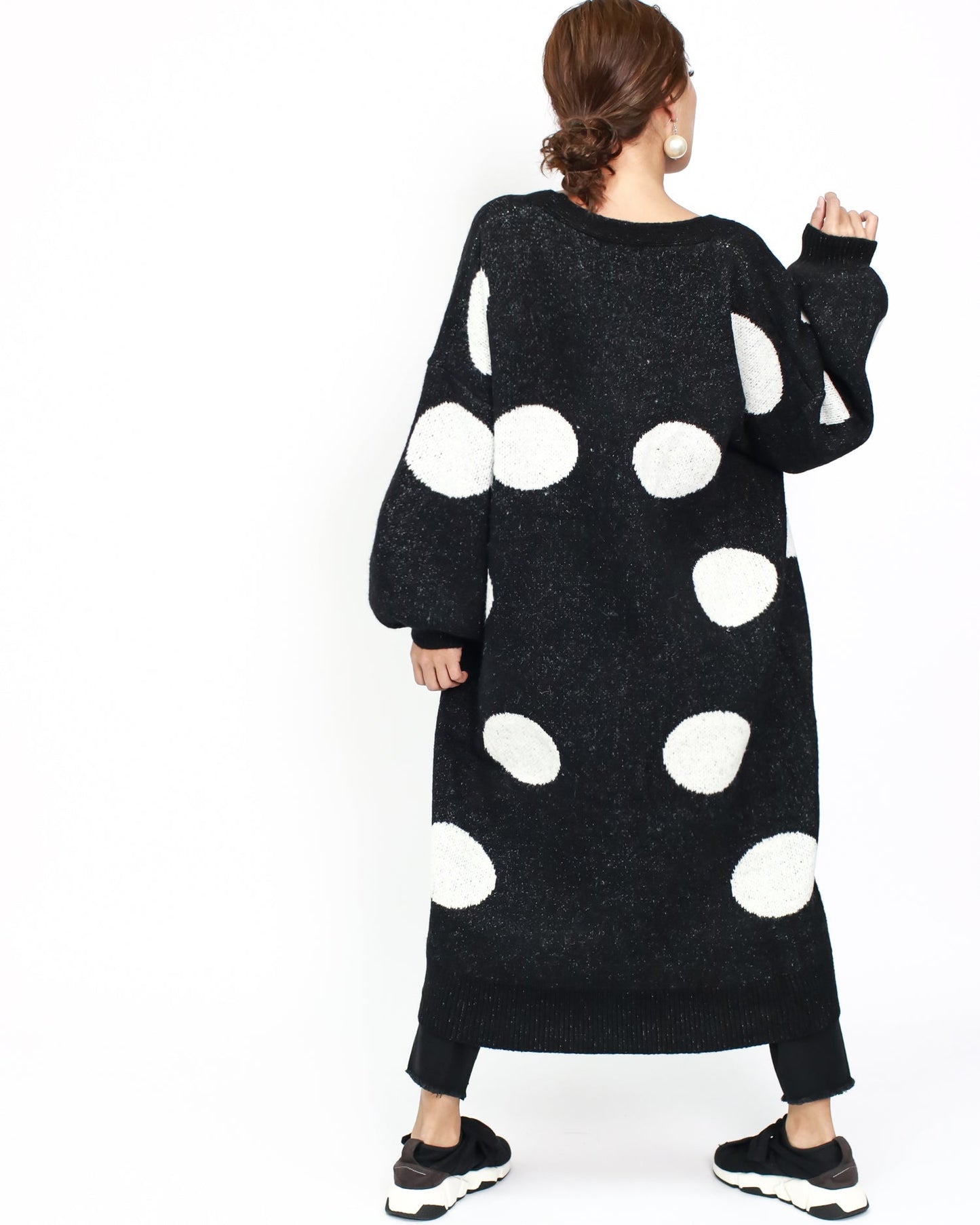 Black & ivory polka dots longline knitted cardigan *pre-order*