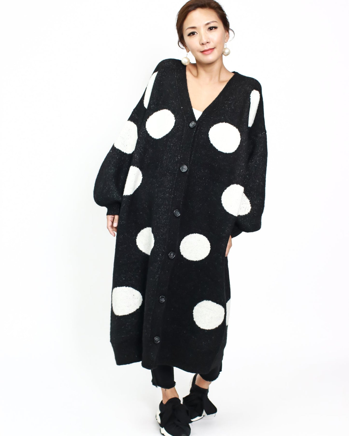 Black & ivory polka dots longline knitted cardigan *pre-order*