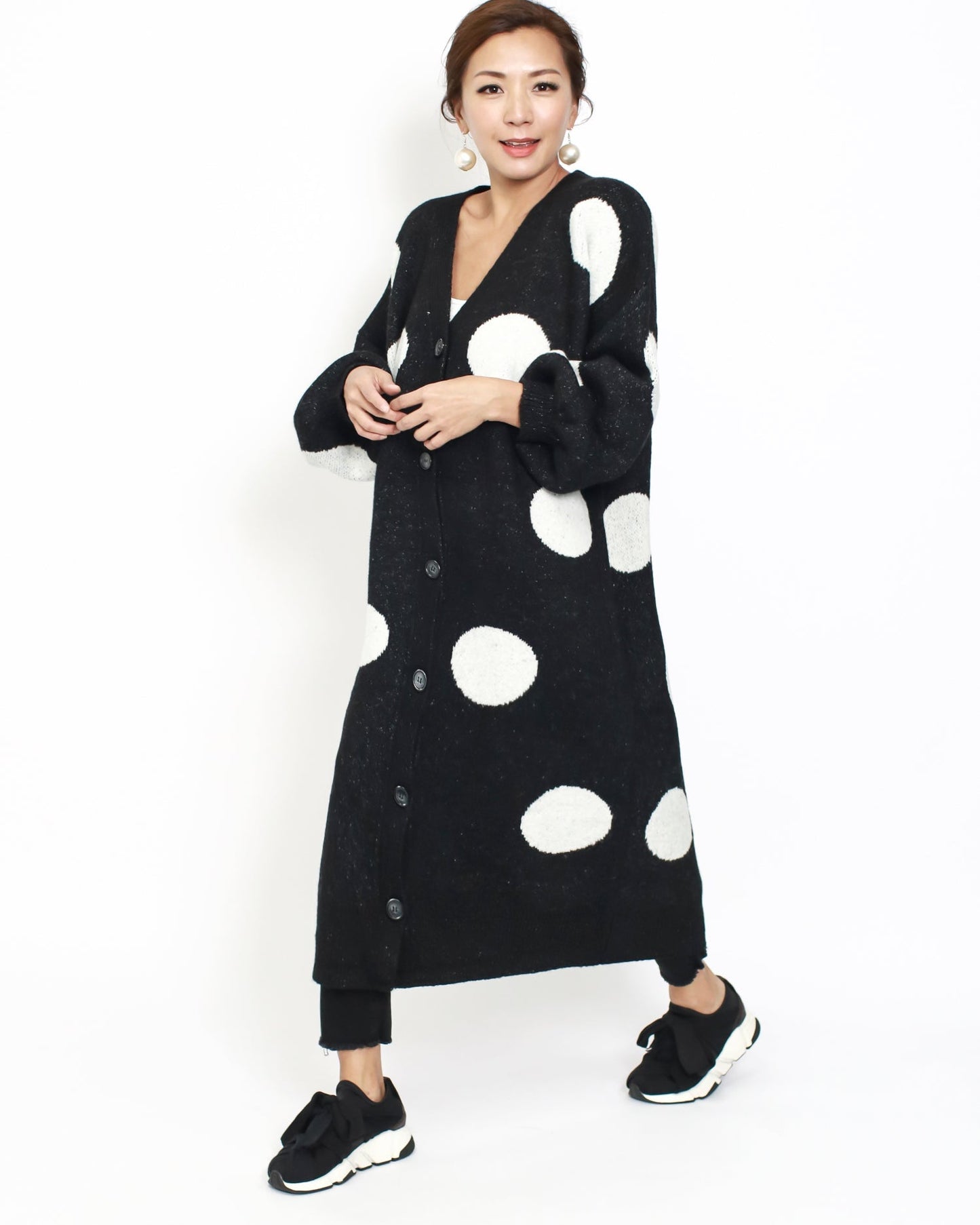 Black & ivory polka dots longline knitted cardigan *pre-order*