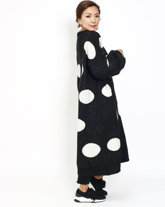 Black & ivory polka dots longline knitted cardigan