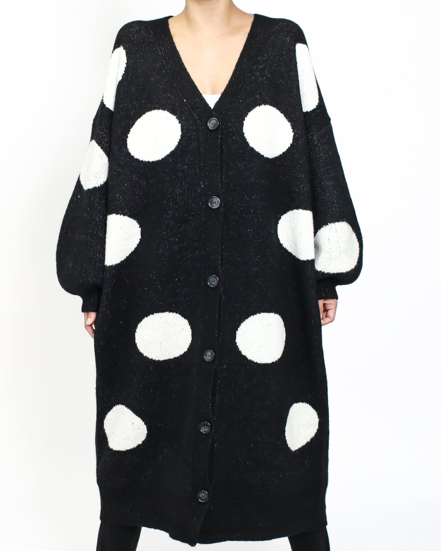 Black & ivory polka dots longline knitted cardigan *pre-order*