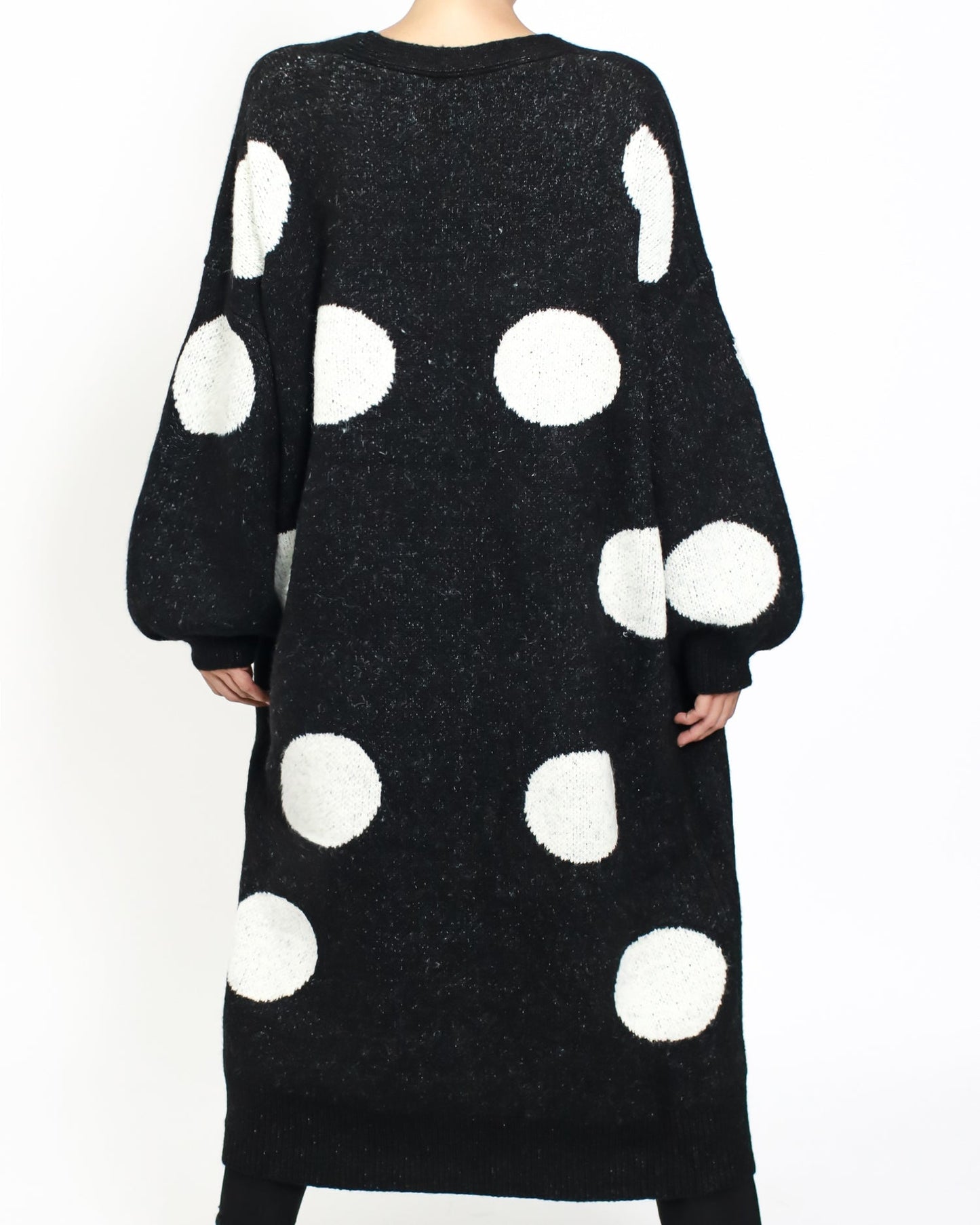 Black & ivory polka dots longline knitted cardigan *pre-order*