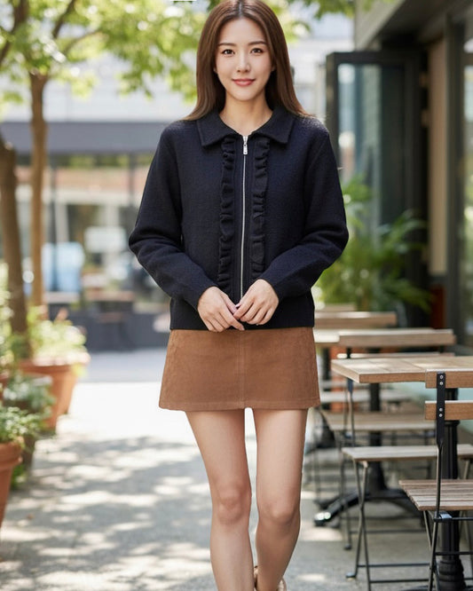 海軍藍荷葉邊針織開襟衫 *預購*