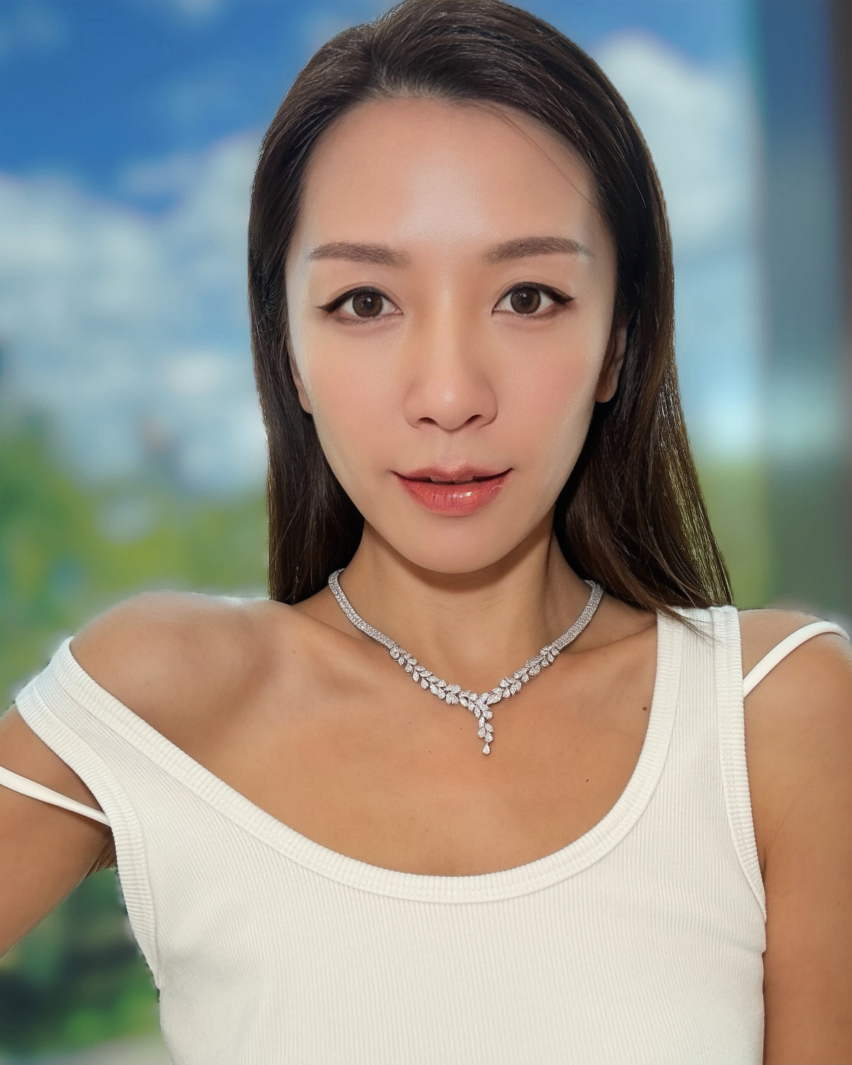 glam leaf statement lab grown diamond 925 silver necklace