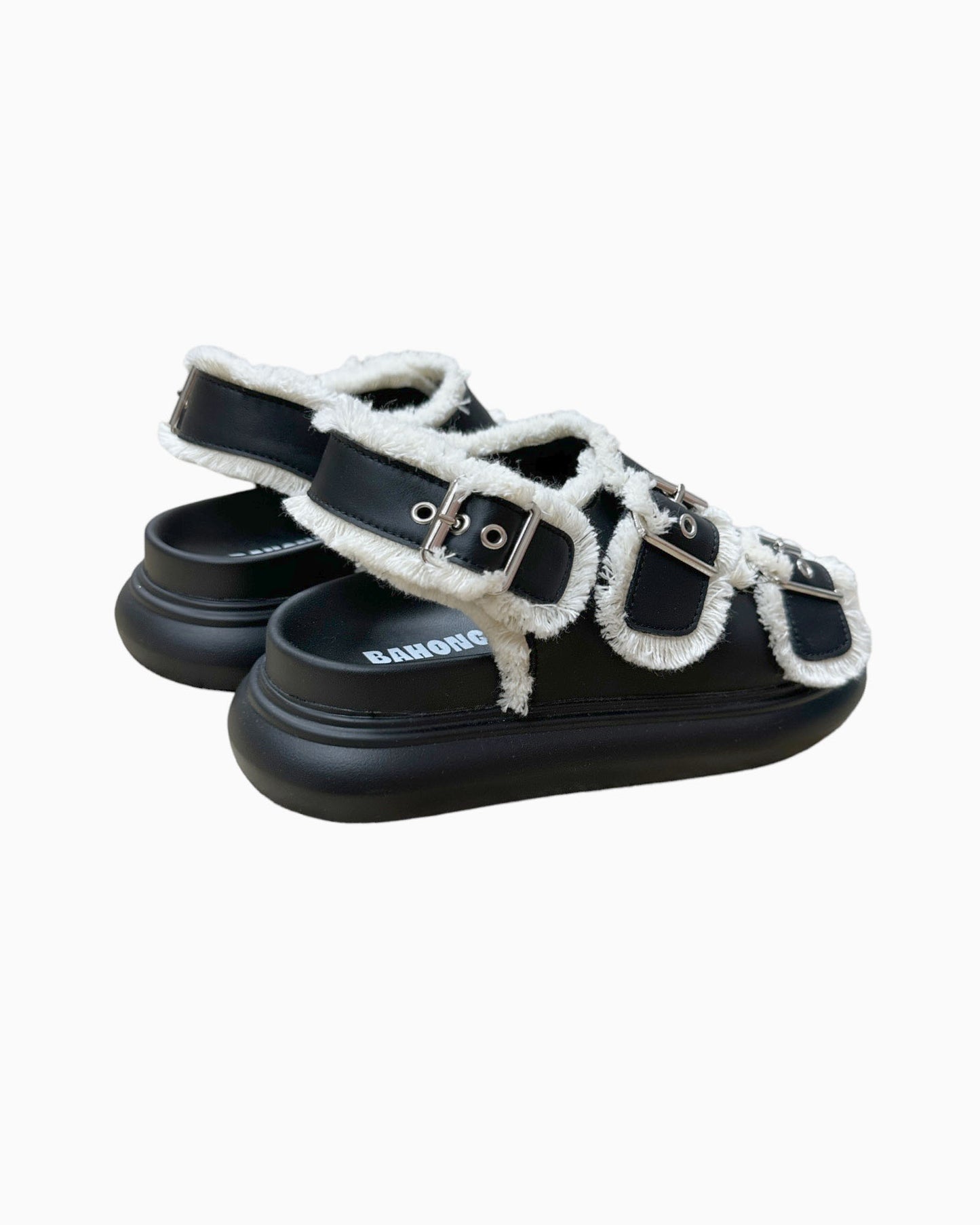 black PU leather w/ ivory tassels strappy sandals *pre-order*