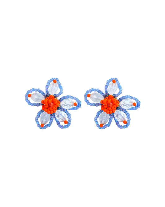 藍色 & 橙色珠子花朵耳環