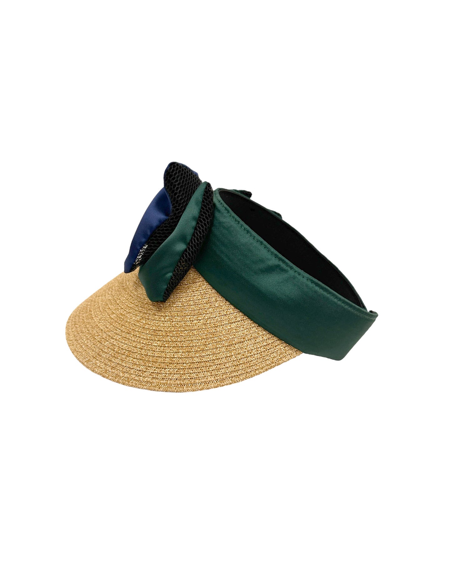 米色草編配海軍綠色緞面蝴蝶結遮陽帽