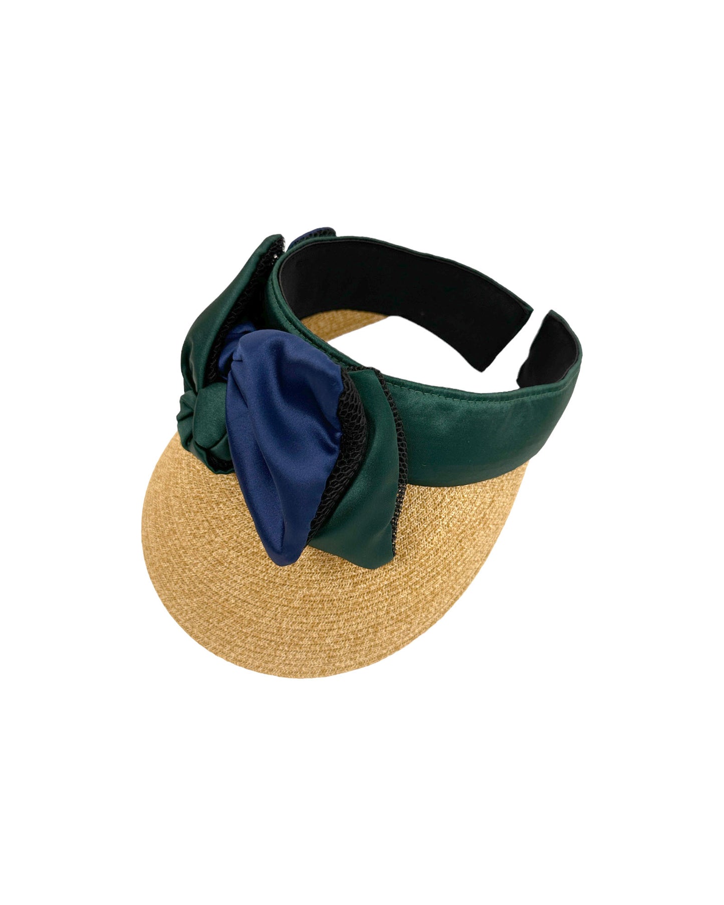 beige straw w/ navy green satin bow visor hat